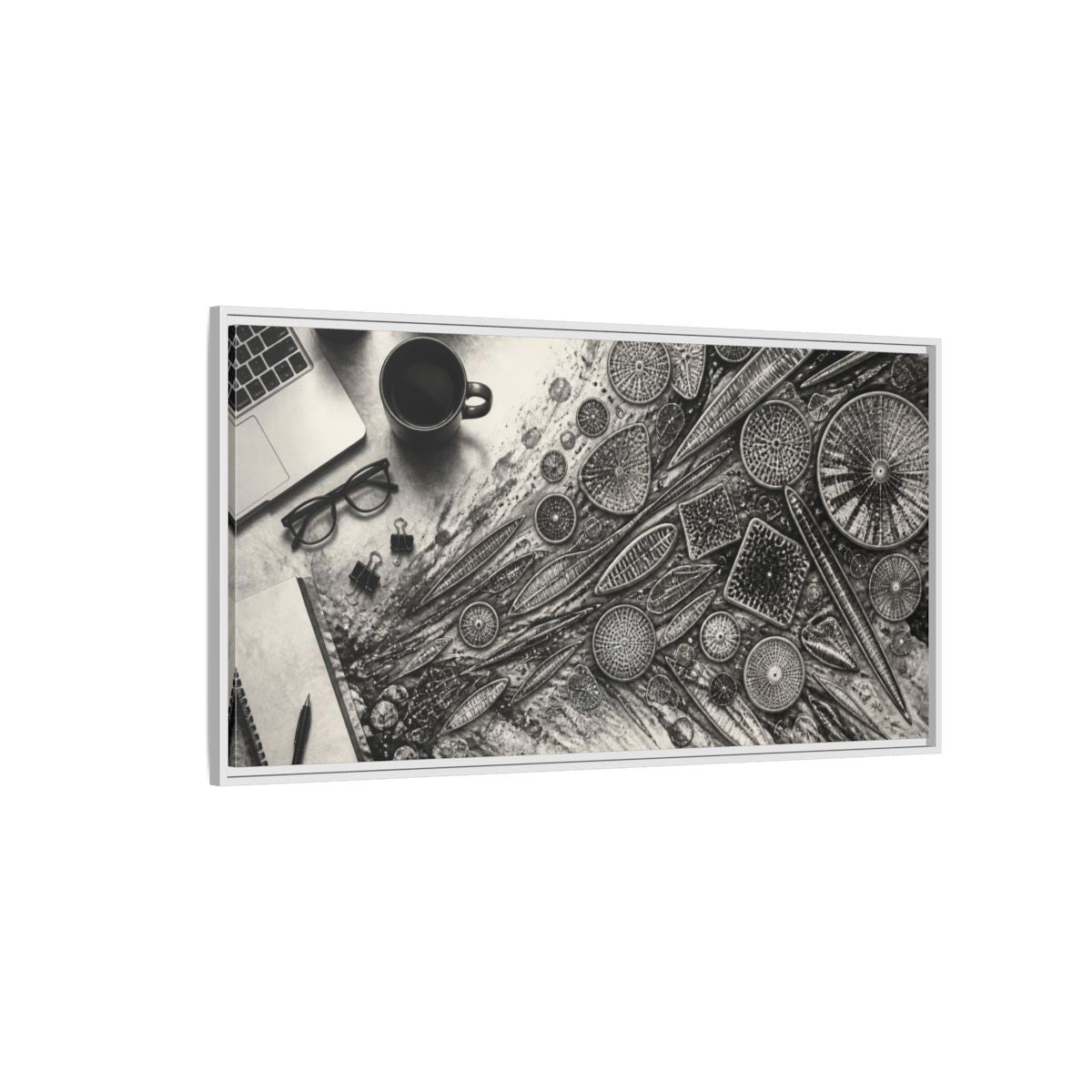 Side Mockup 3. Office Diatom Study shown as framed canvas print
