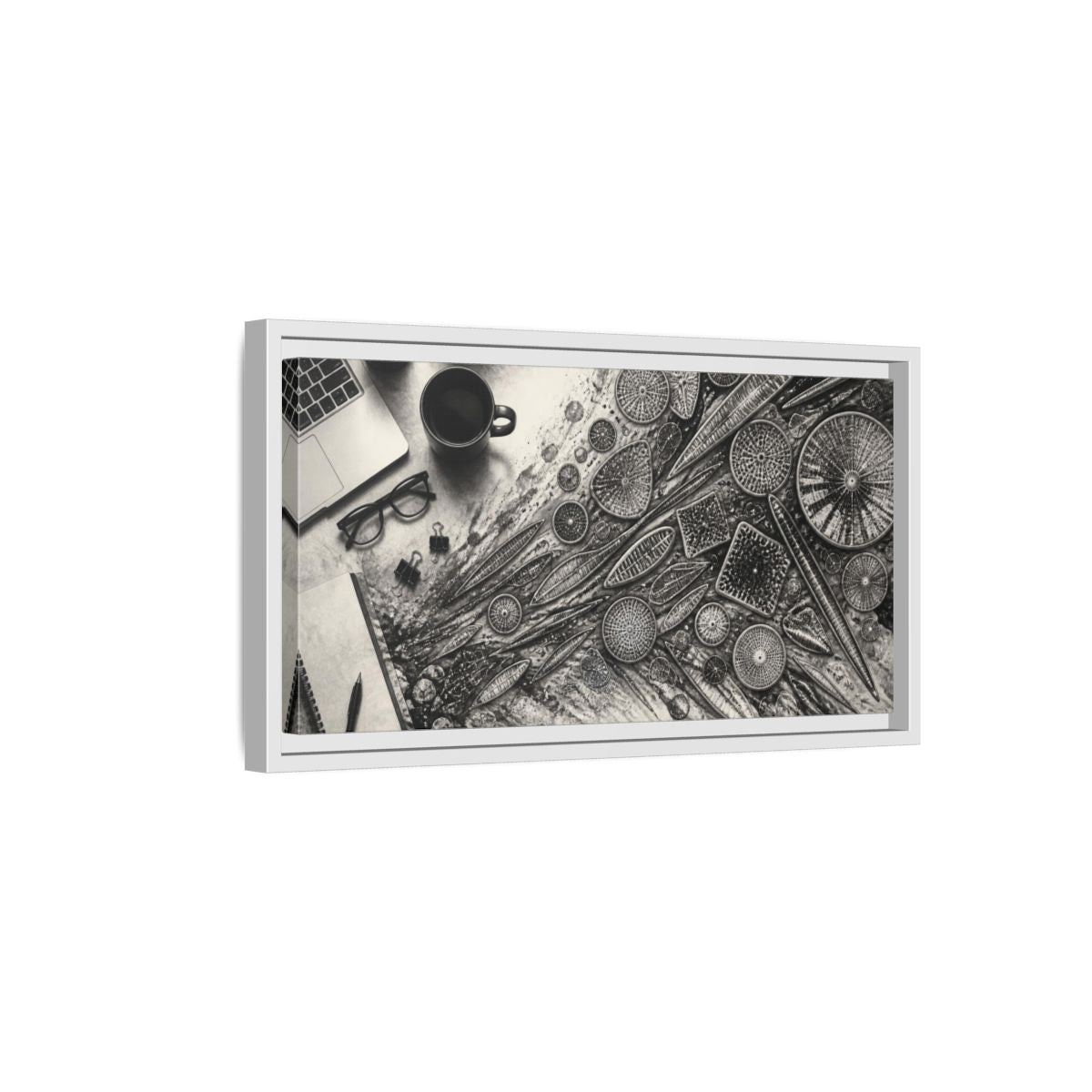 Side Mockup 6. Office Diatom Study shown as framed canvas print