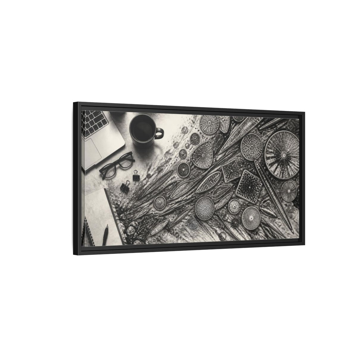 Side Mockup 2. Office Diatom Study shown as framed canvas print