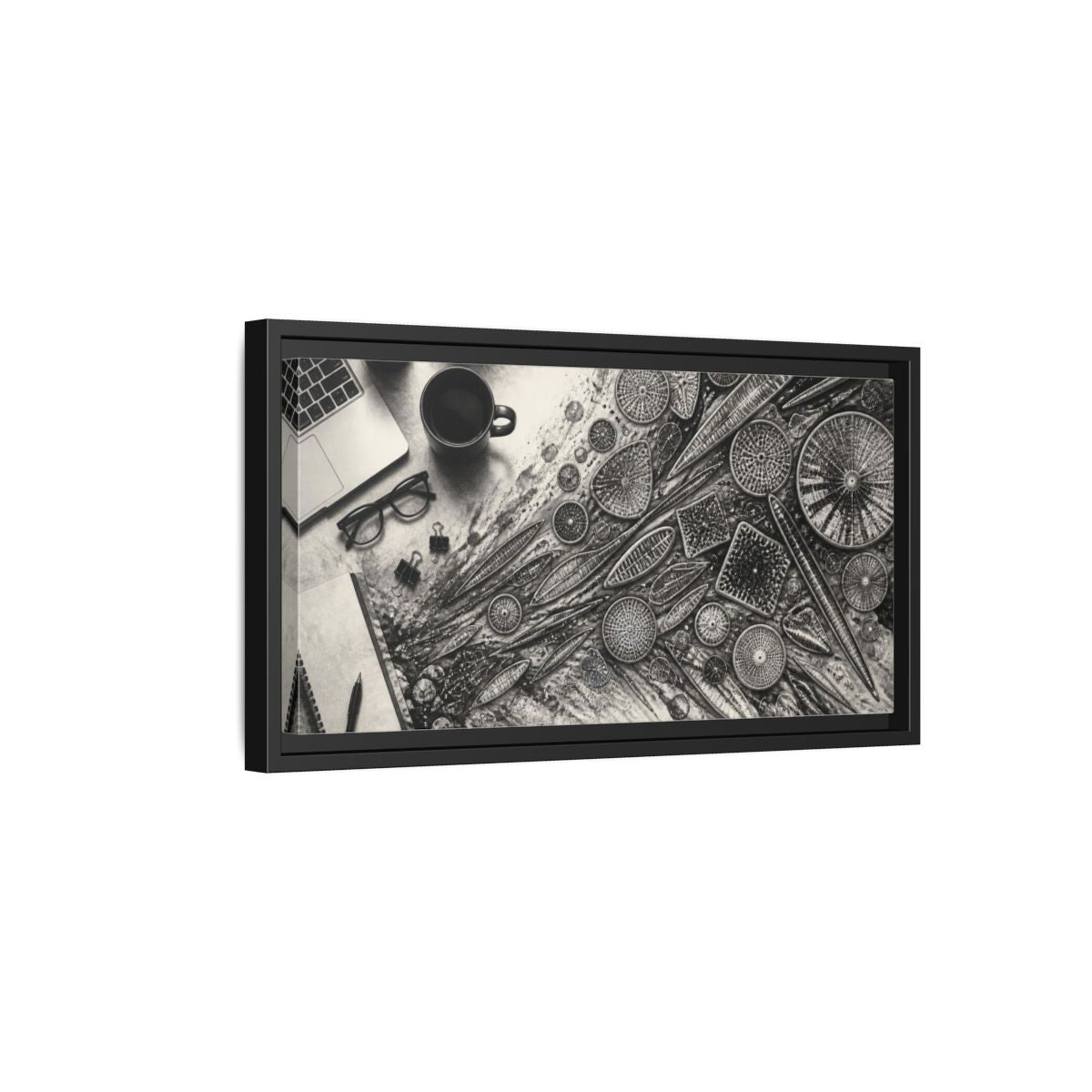 Side Mockup 8. Office Diatom Study shown as framed canvas print