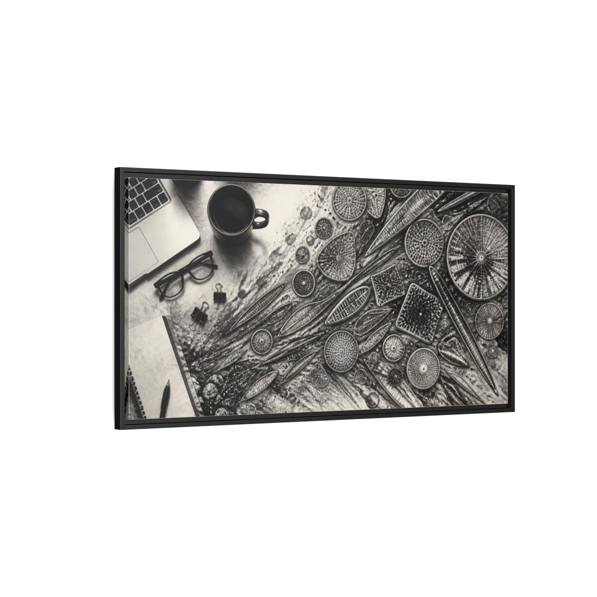 Side Mockup 5. Office Diatom Study shown as framed canvas print