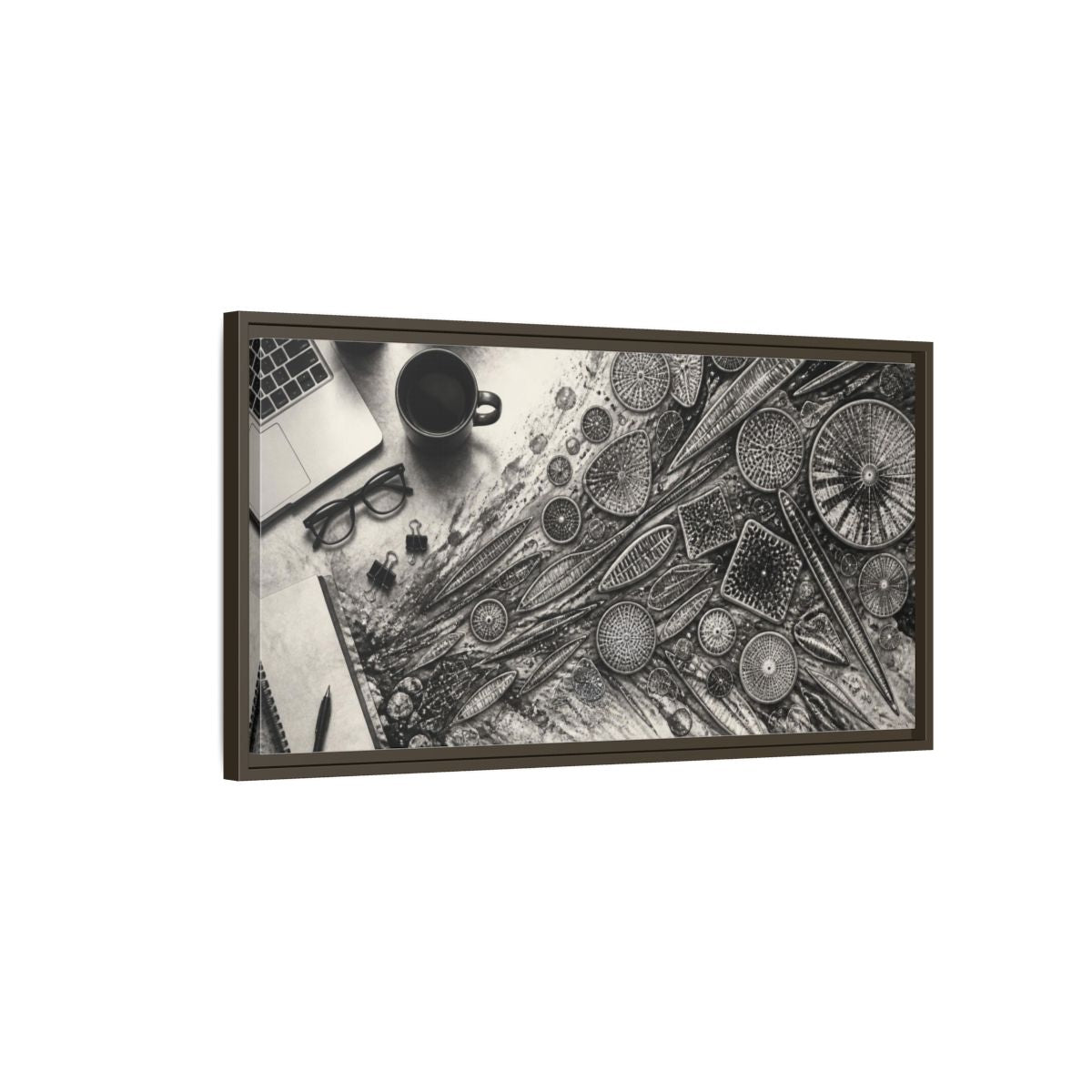 Main Mockup. Office Diatom Study shown as framed canvas print