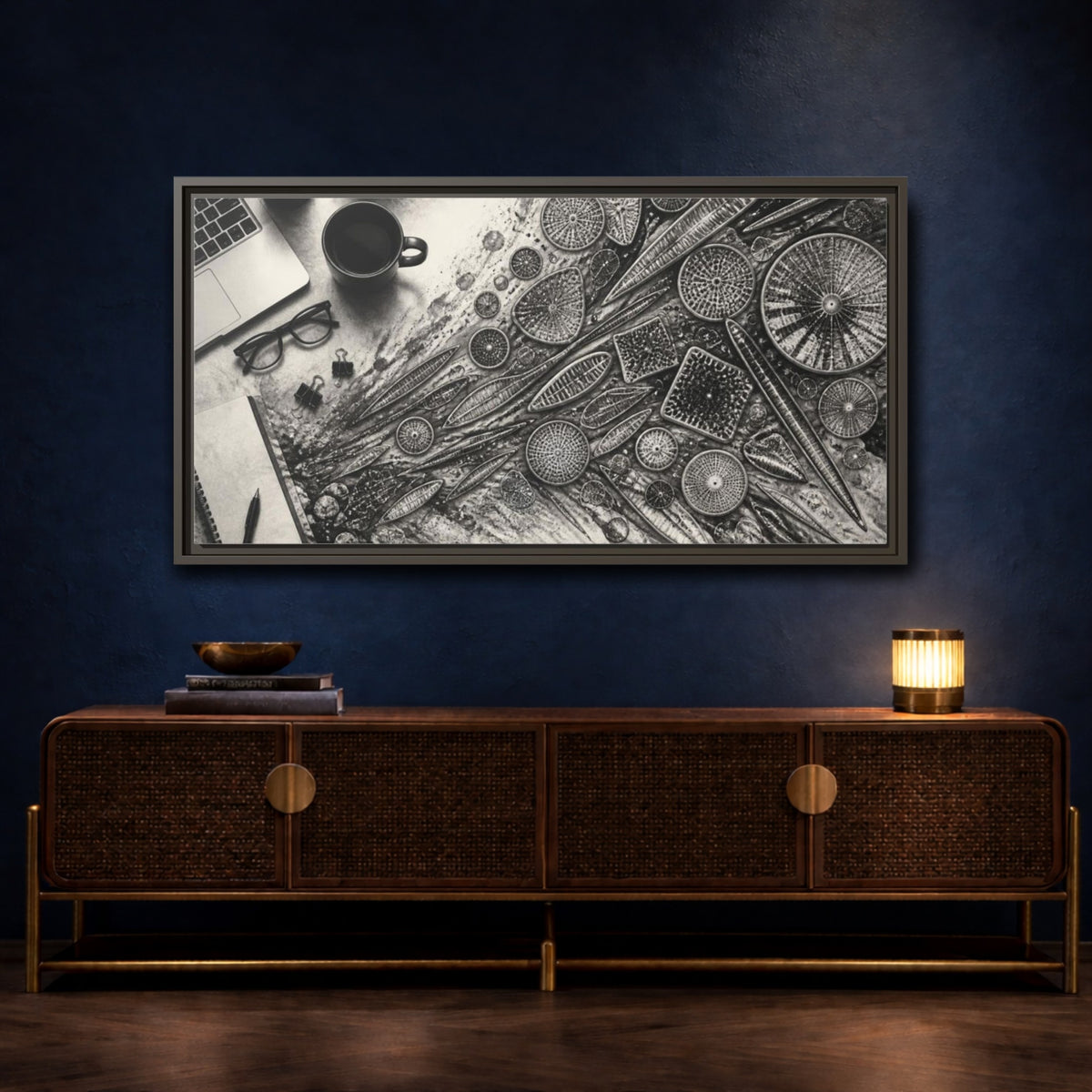 Mockup 4. Office Diatom Study shown as framed canvas print