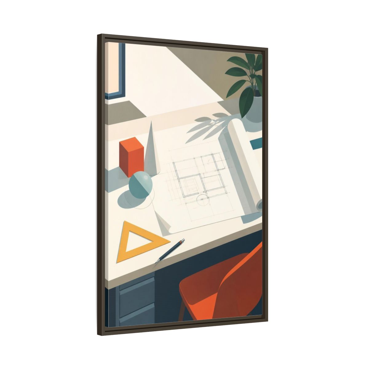 Main Mockup. Office Drafting Table shown as framed canvas print