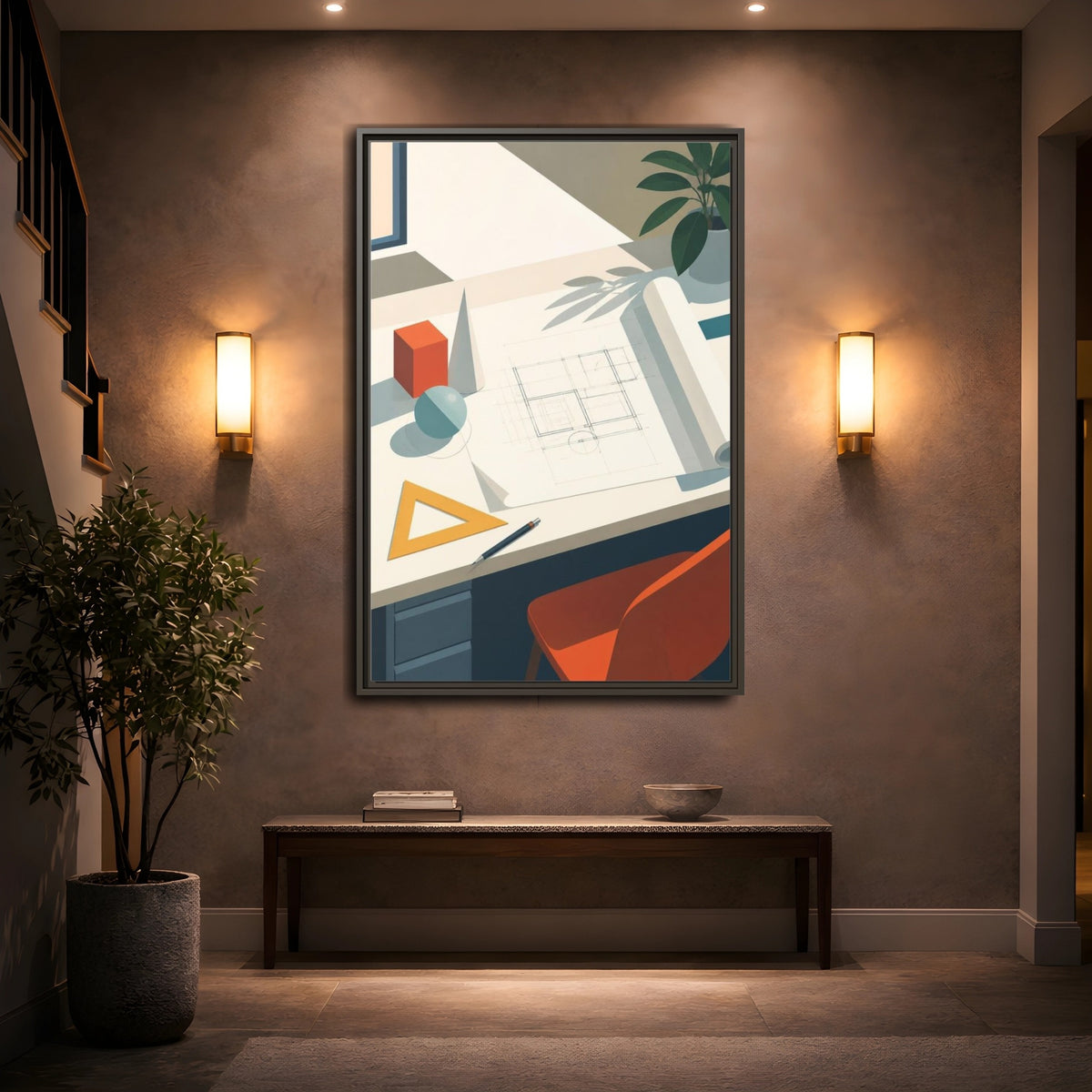Mockup 2. Office Drafting Table shown as framed canvas print