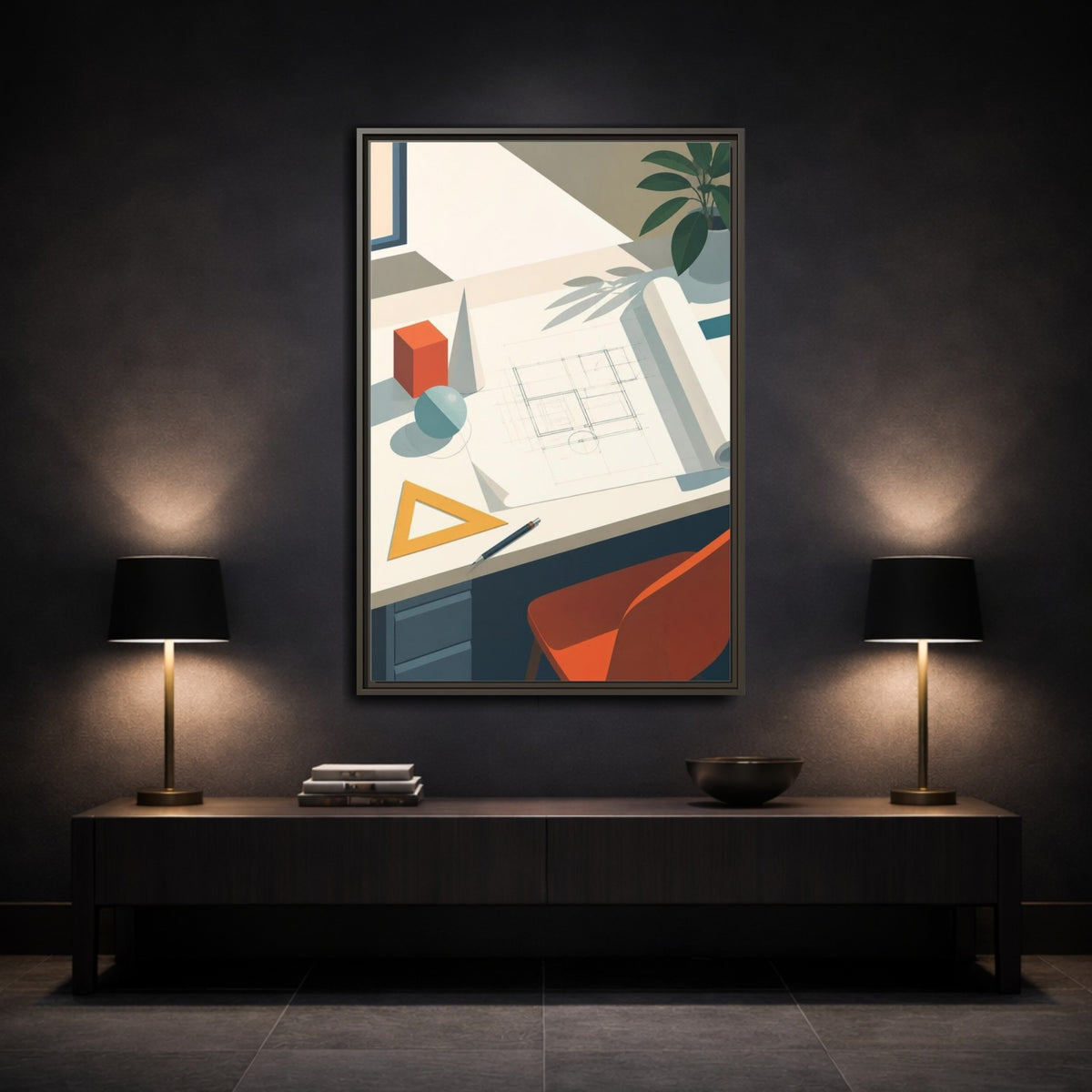 Mockup 3. Office Drafting Table shown as framed canvas print