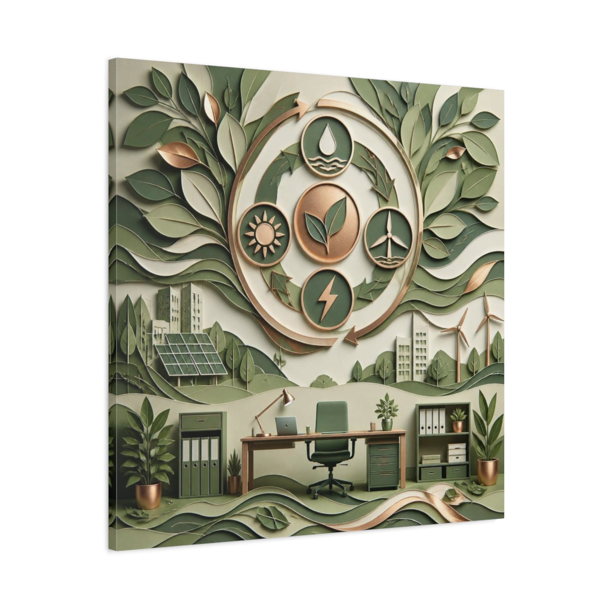 Main Mockup. Office Eco Emblem shown as canvas print