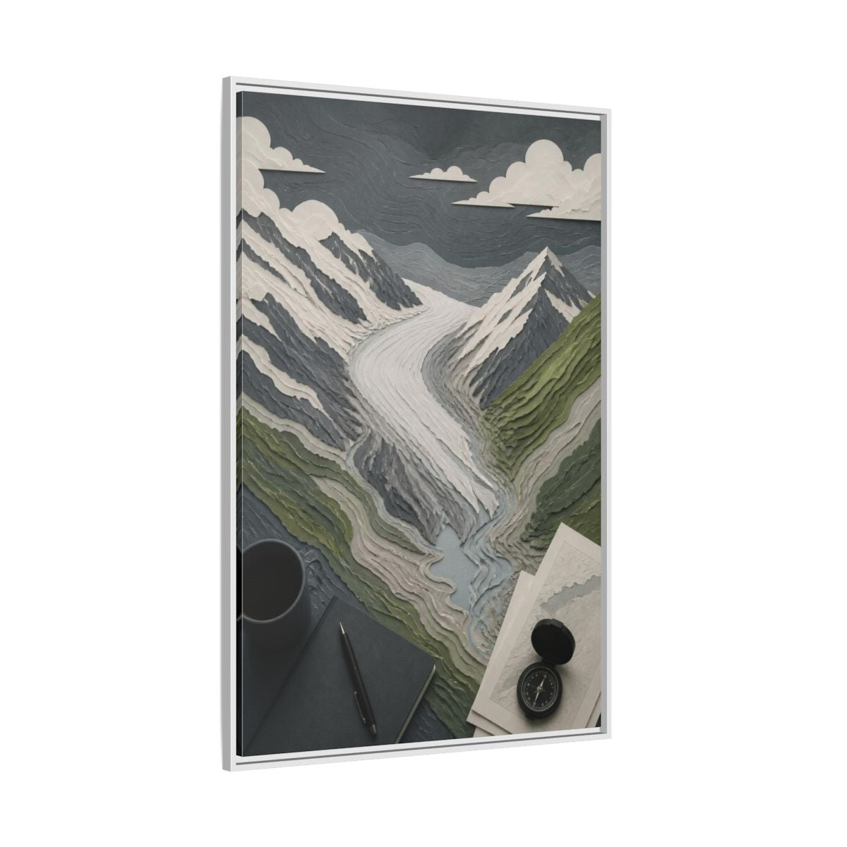 Side Mockup 7. Office Glacial Valley Map shown as framed canvas print