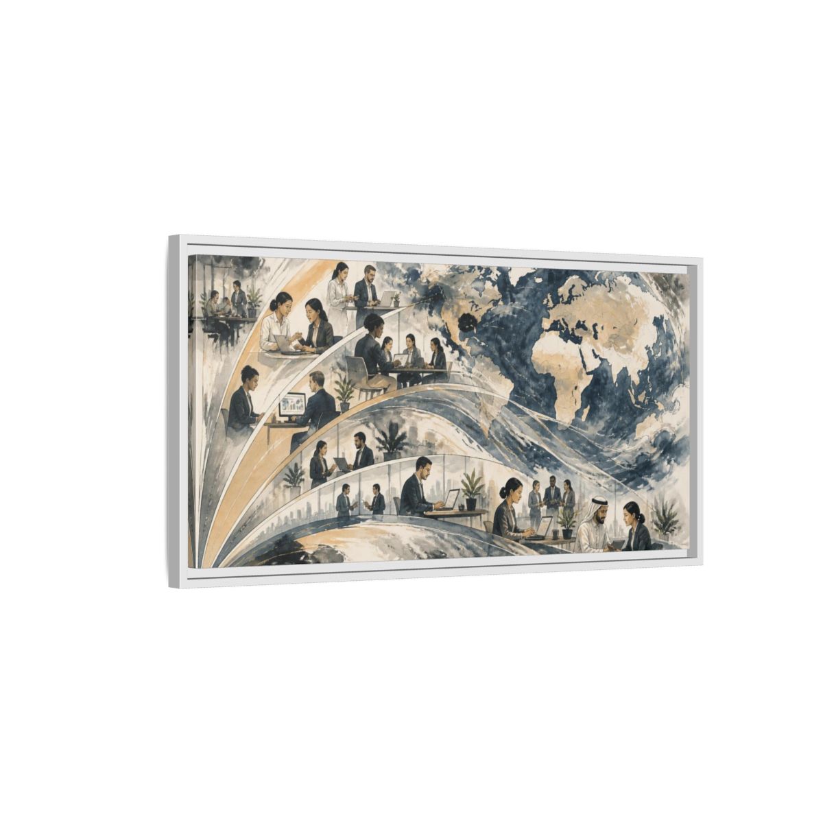 Side Mockup 1. Office Globe Collaboration shown as framed canvas print