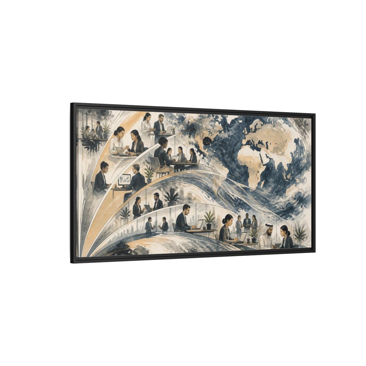 Side Mockup 5. Office Globe Collaboration shown as framed canvas print