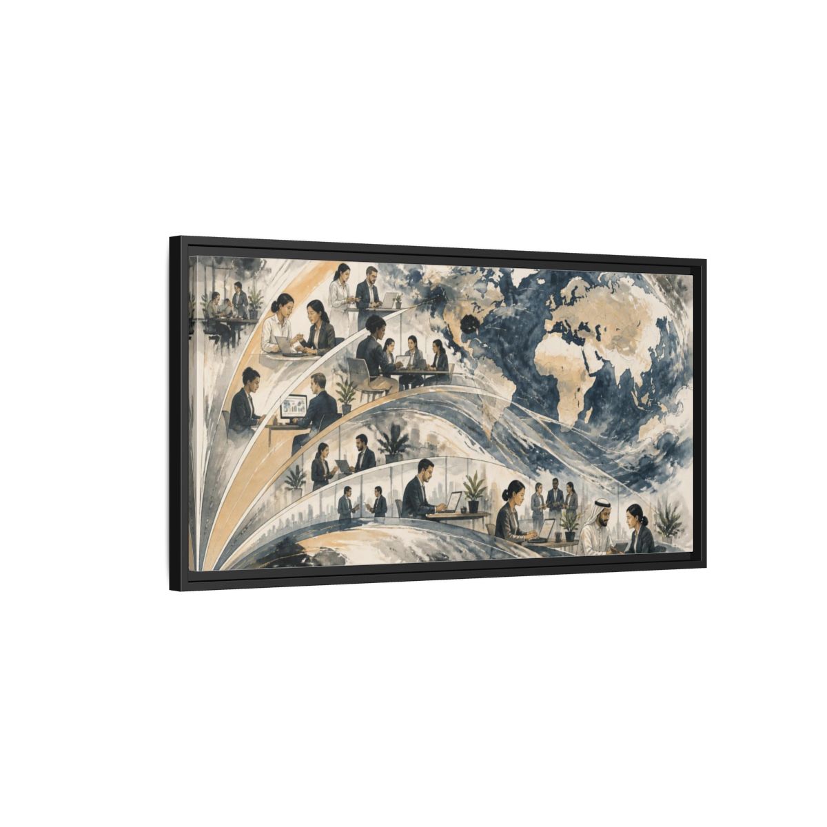 Side Mockup 2. Office Globe Collaboration shown as framed canvas print