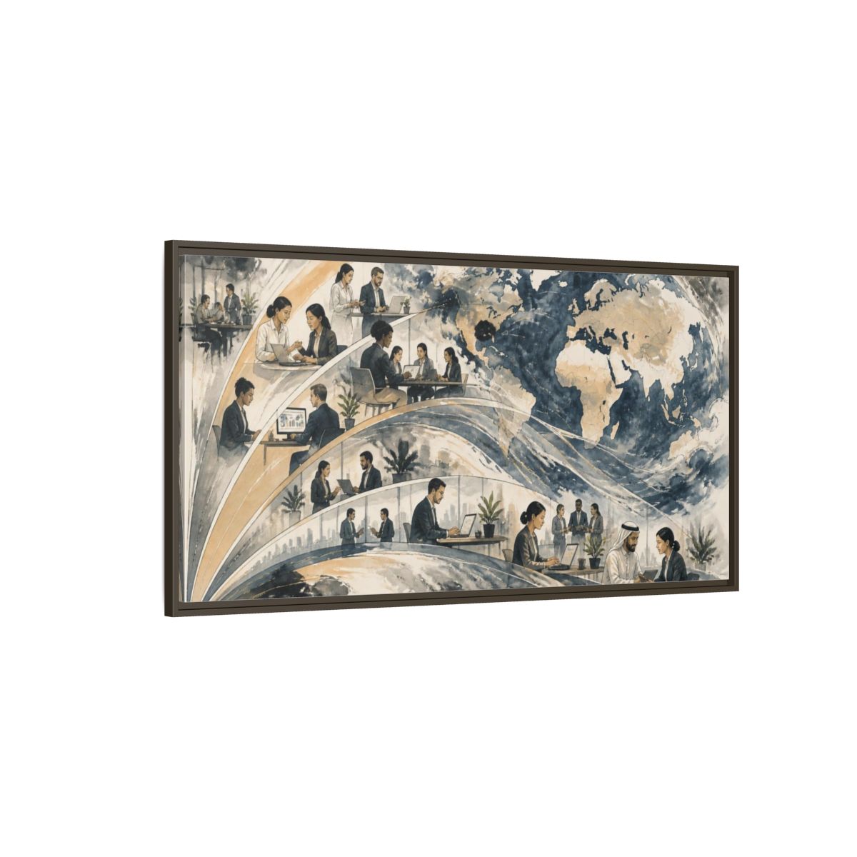 Side Mockup 4. Office Globe Collaboration shown as framed canvas print