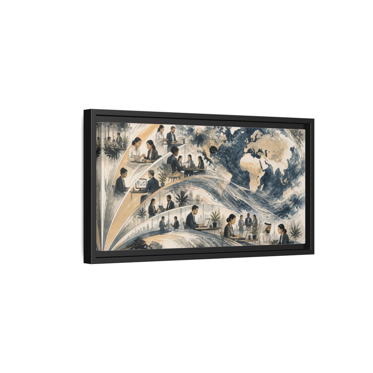 Side Mockup 8. Office Globe Collaboration shown as framed canvas print