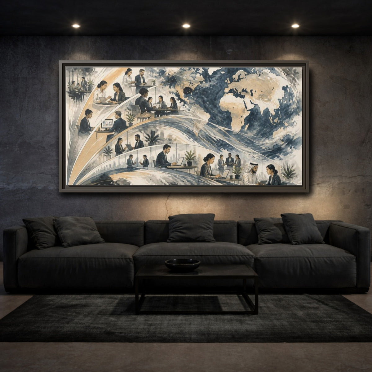 Mockup 3. Office Globe Collaboration shown as framed canvas print