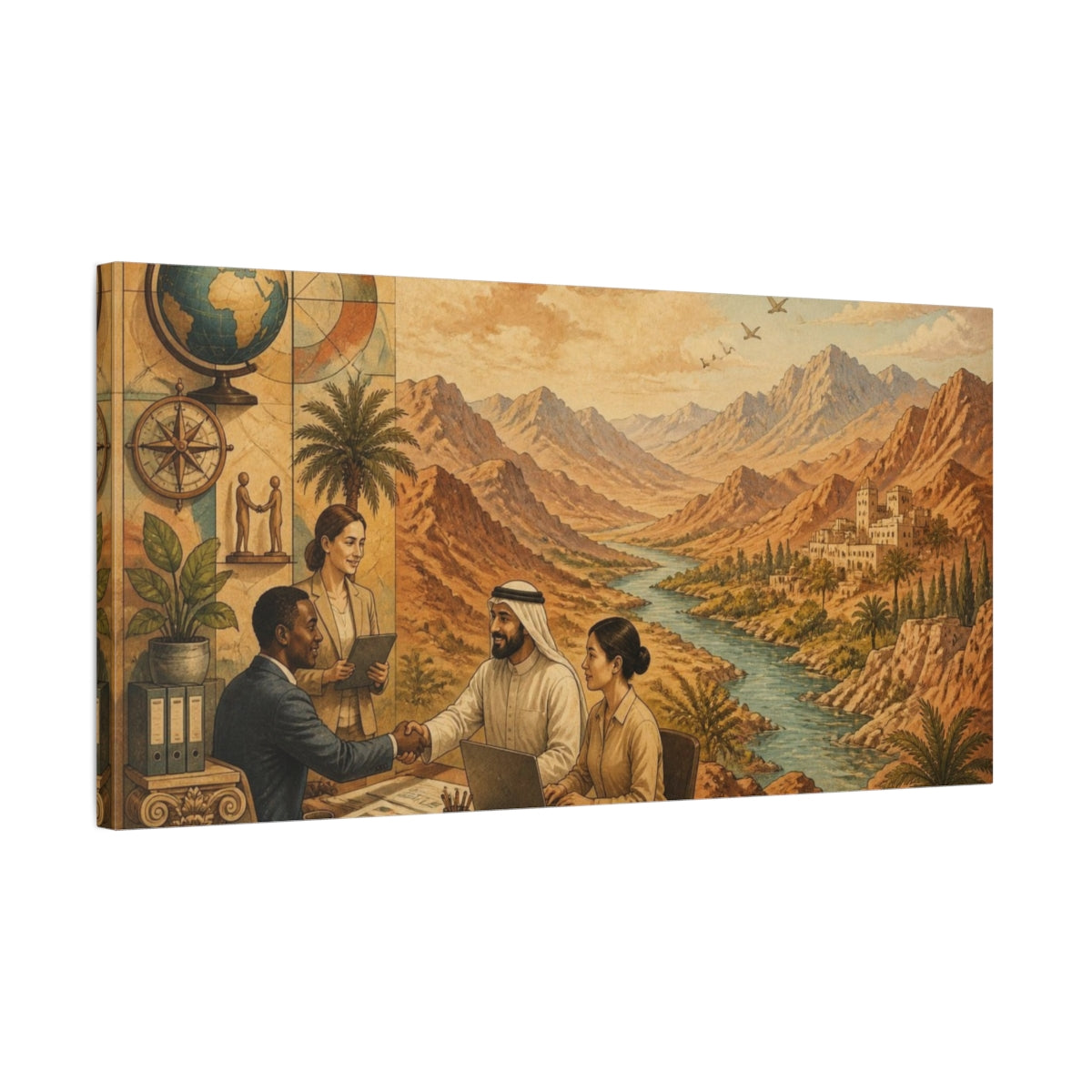 Side Mockup 1. Office River Meeting shown as canvas print