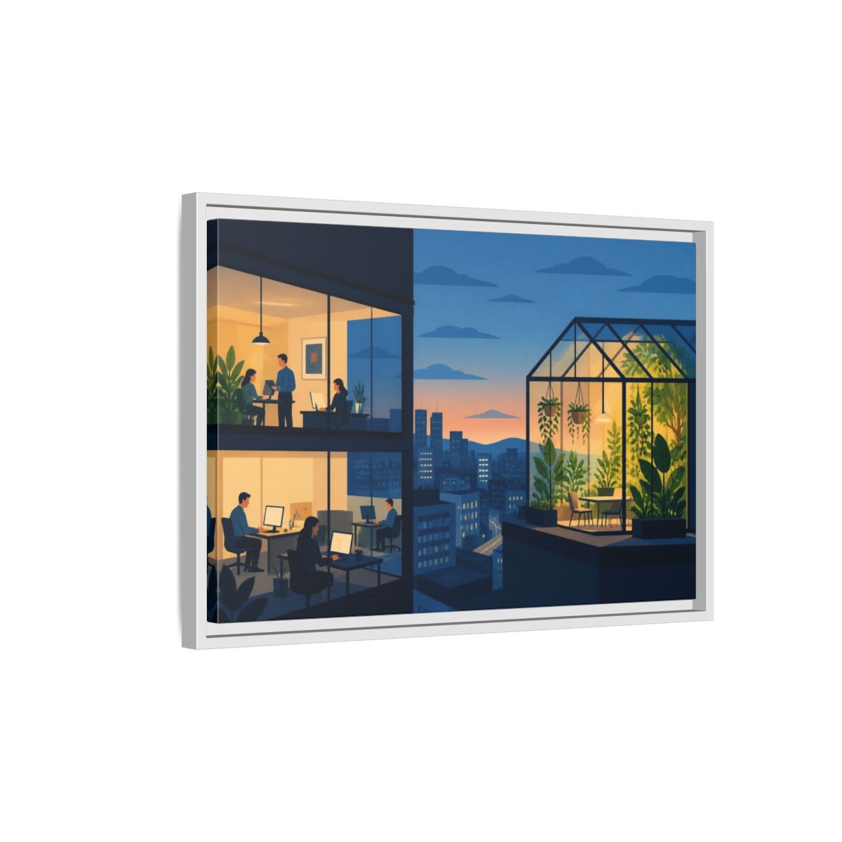 Side Mockup 1. Office Rooftop Greenhouse shown as framed canvas print