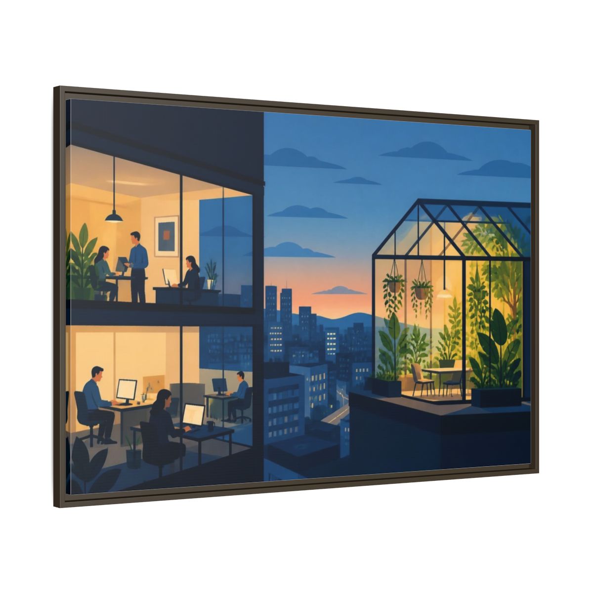 Side Mockup 8. Office Rooftop Greenhouse shown as framed canvas print