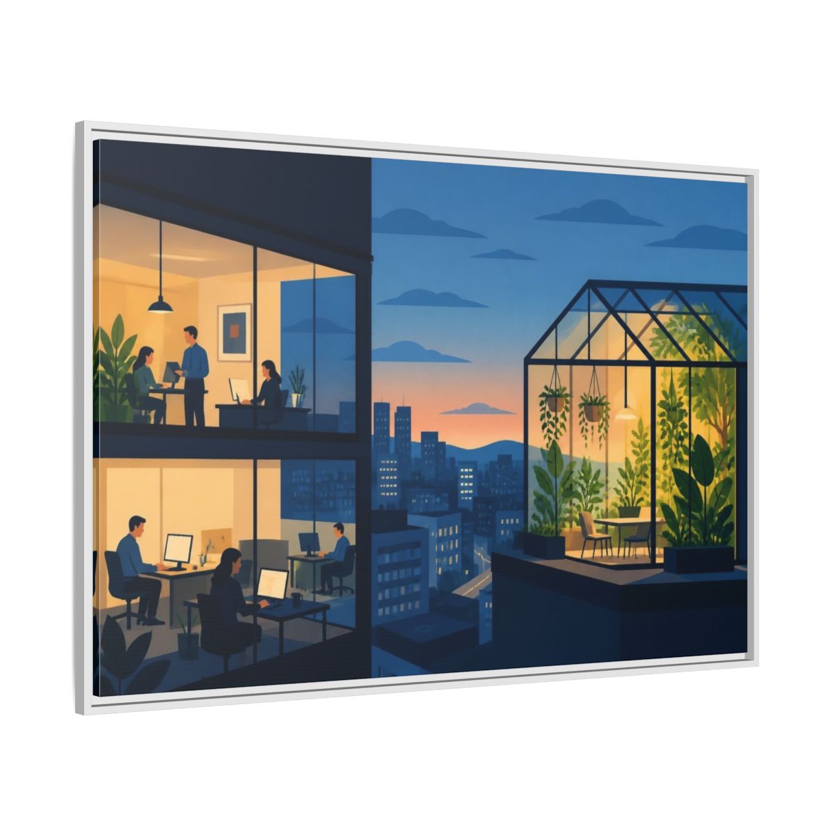 Side Mockup 7. Office Rooftop Greenhouse shown as framed canvas print