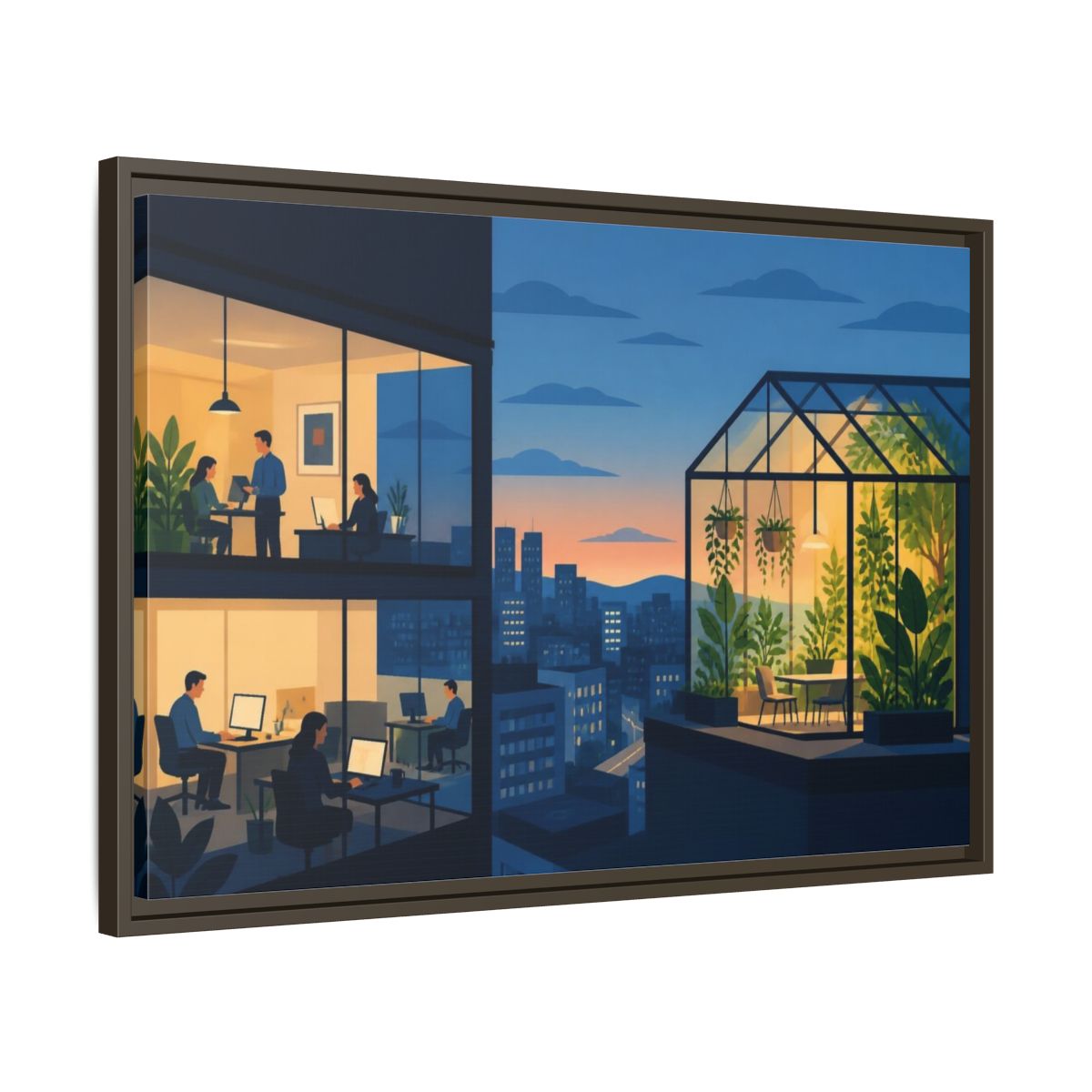 Side Mockup 11. Office Rooftop Greenhouse shown as framed canvas print