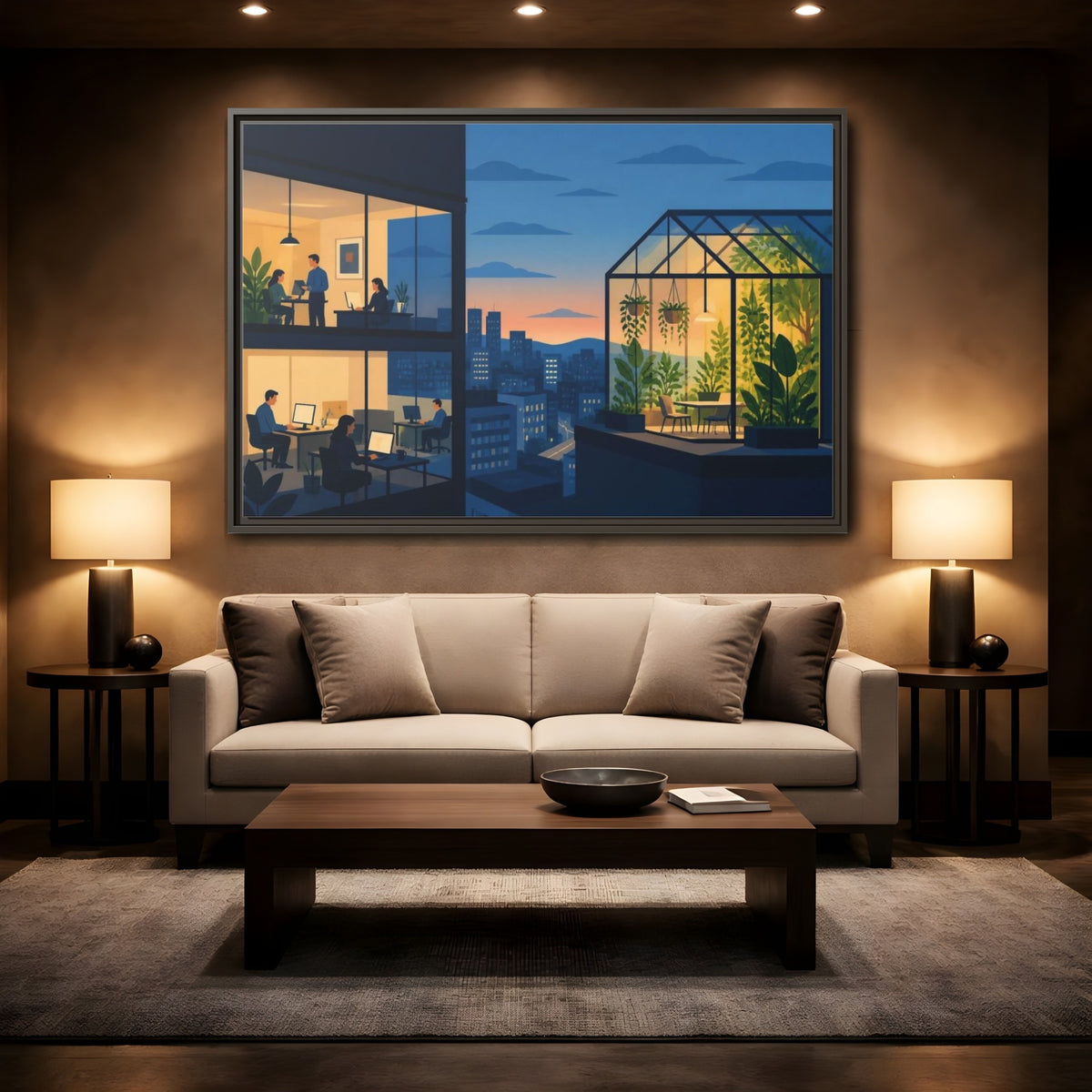 Mockup 2. Office Rooftop Greenhouse shown as framed canvas print