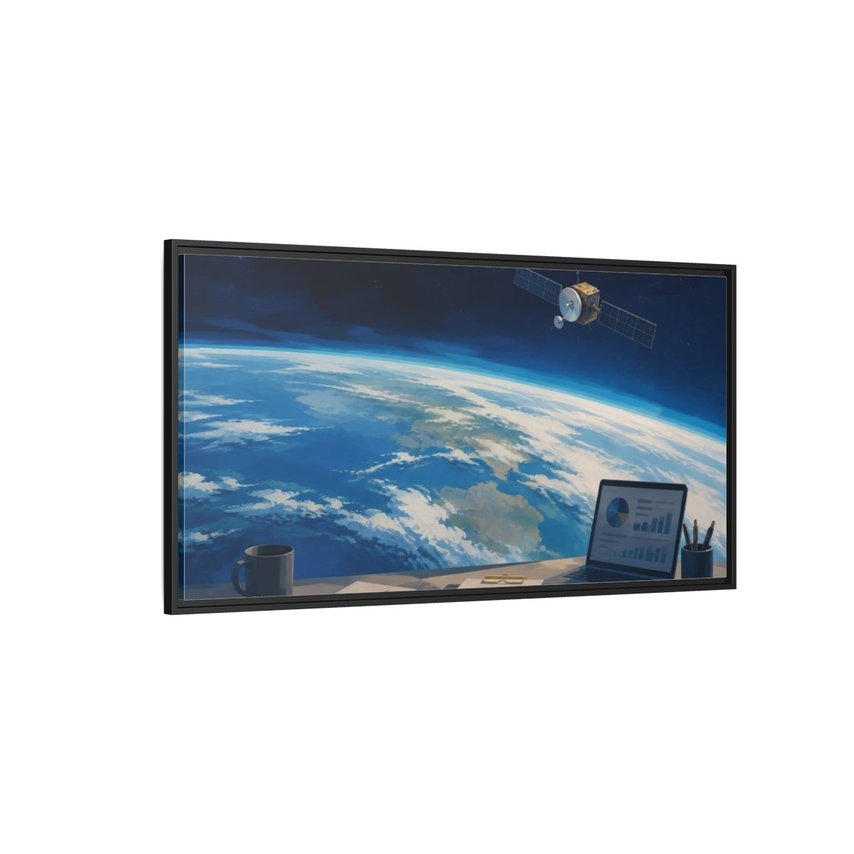 Side Mockup 5. Office Satellite Over Earth shown as framed canvas print
