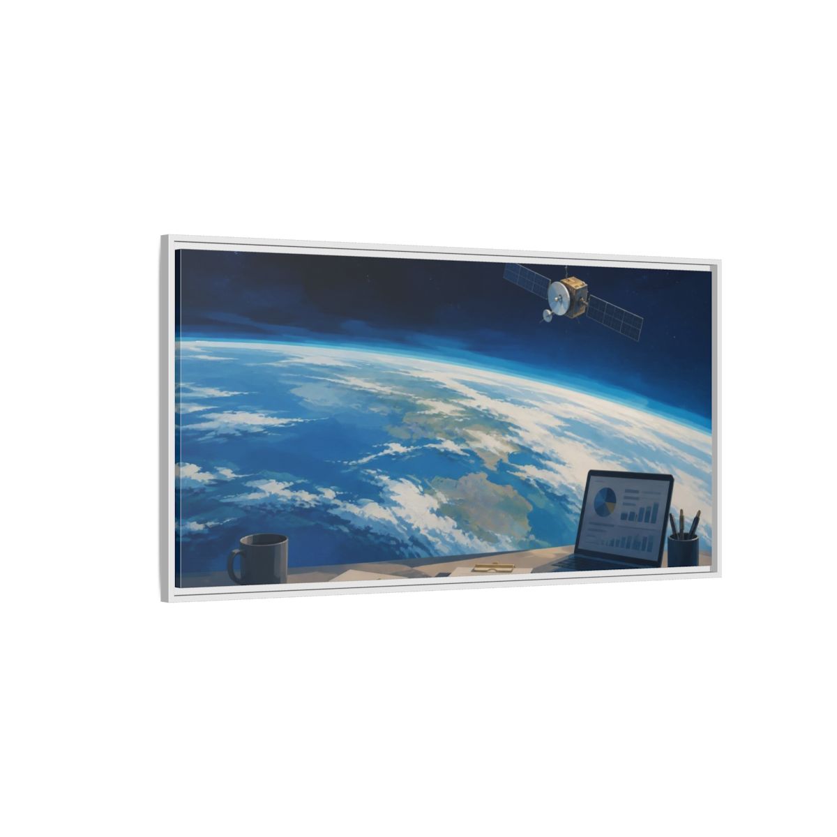 Side Mockup 3. Office Satellite Over Earth shown as framed canvas print