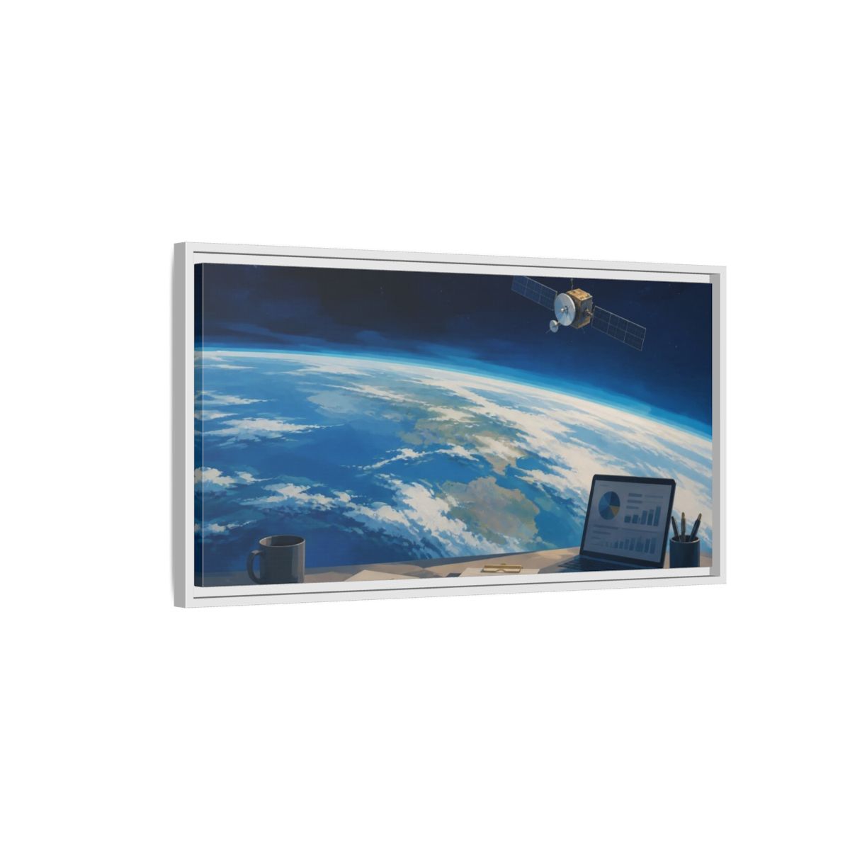 Side Mockup 1. Office Satellite Over Earth shown as framed canvas print