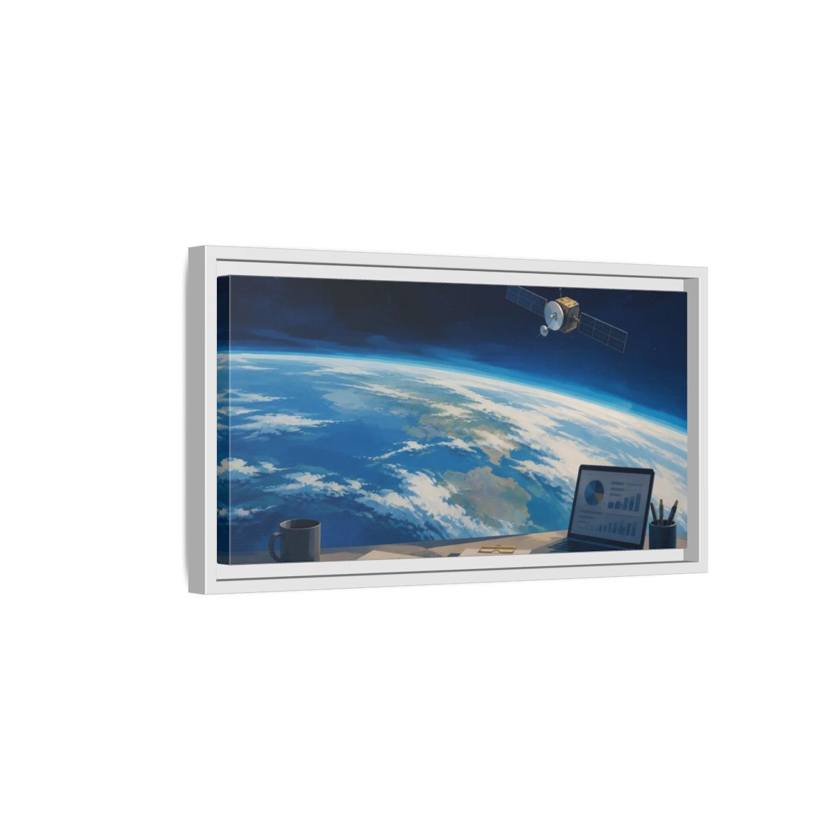 Side Mockup 6. Office Satellite Over Earth shown as framed canvas print