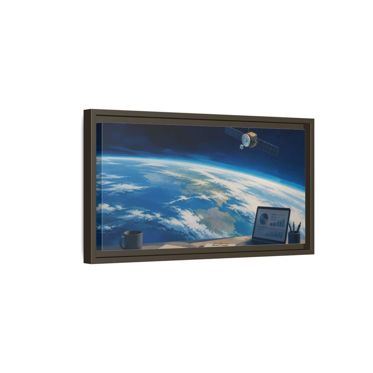 Side Mockup 7. Office Satellite Over Earth shown as framed canvas print