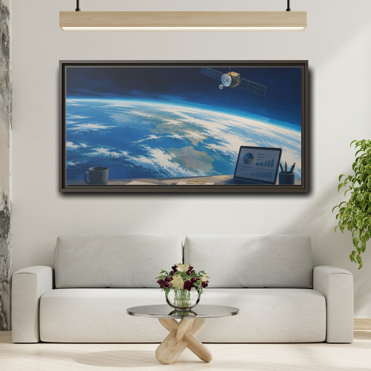 Mockup 2. Office Satellite Over Earth shown as framed canvas print