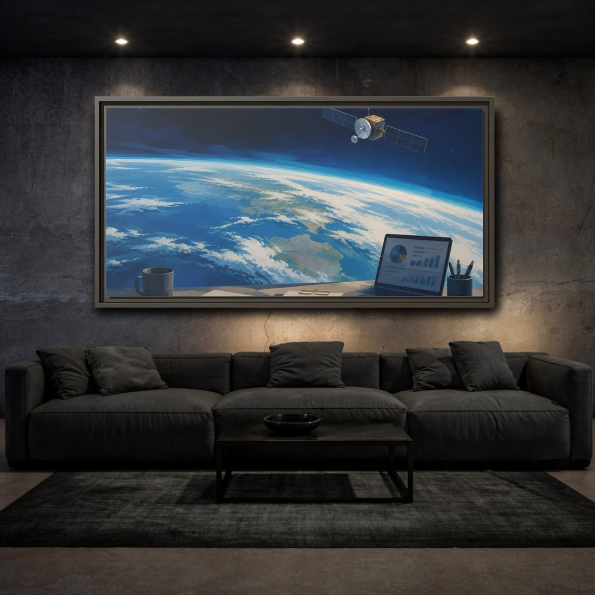 Mockup 3. Office Satellite Over Earth shown as framed canvas print