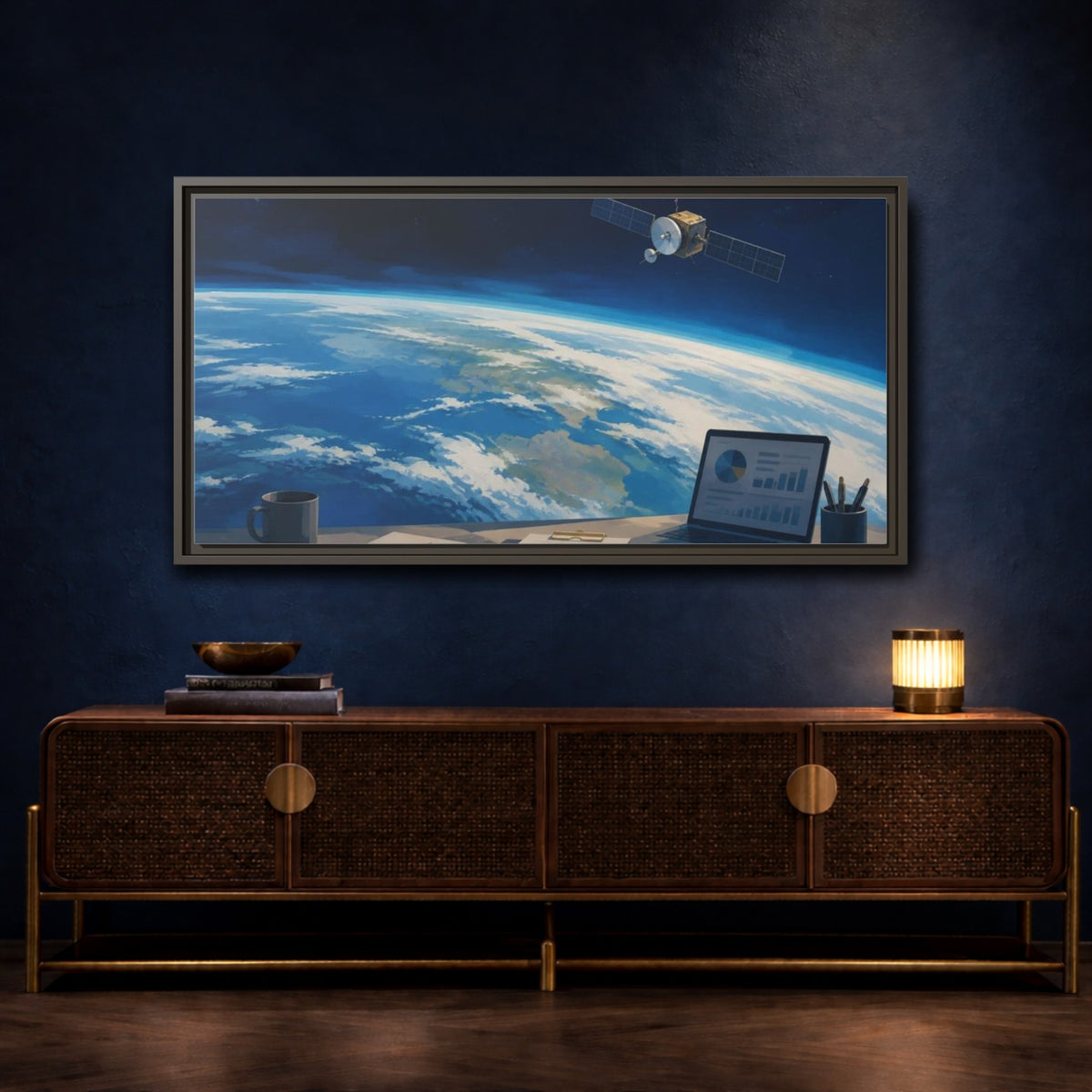 Mockup 4. Office Satellite Over Earth shown as framed canvas print