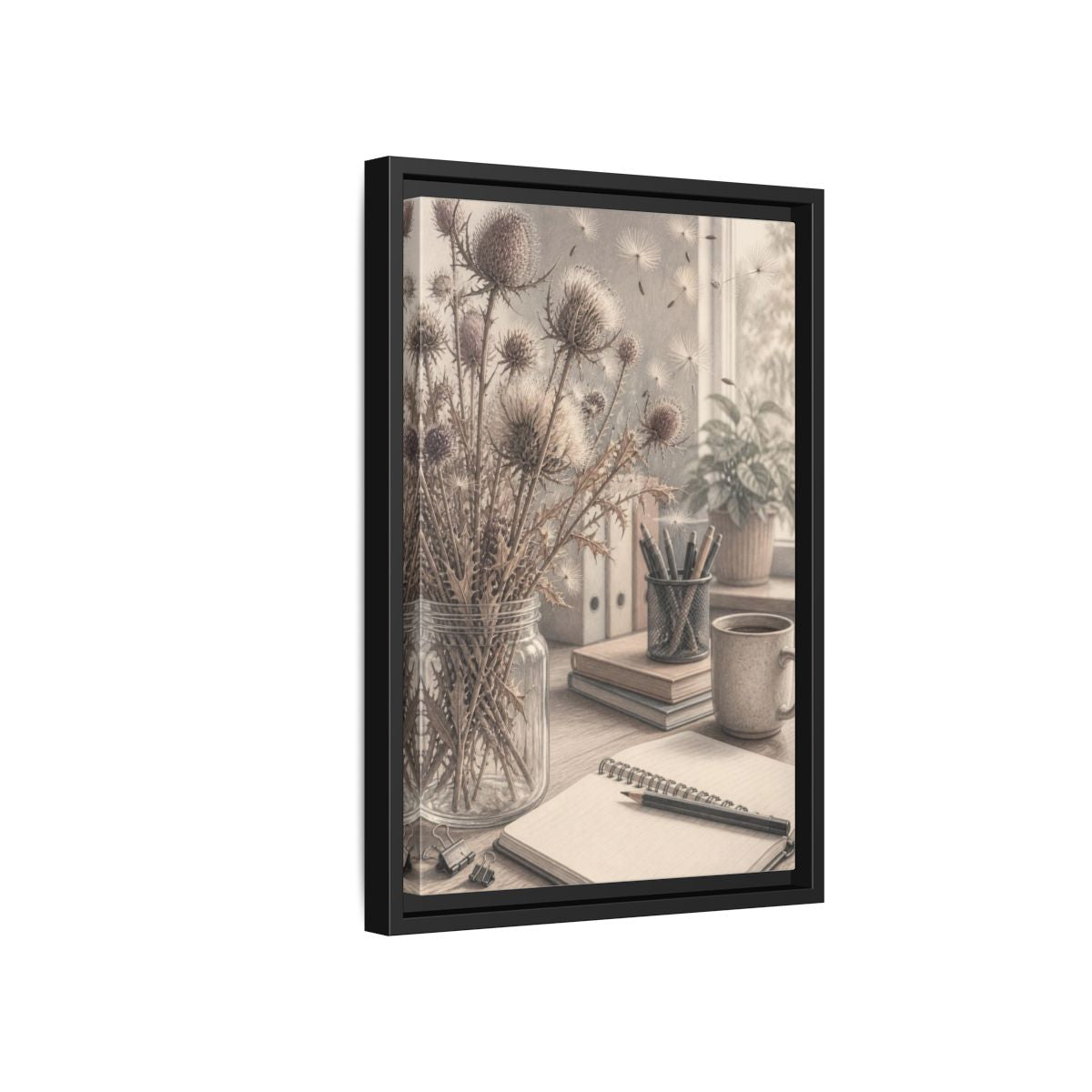 Side Mockup 6. Office Thistle Bouquet shown as framed canvas print