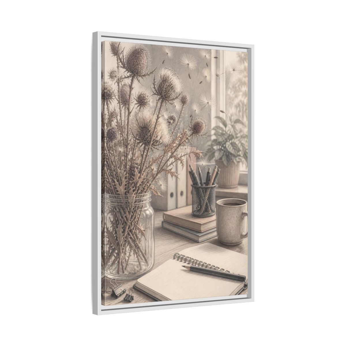 Side Mockup 10. Office Thistle Bouquet shown as framed canvas print