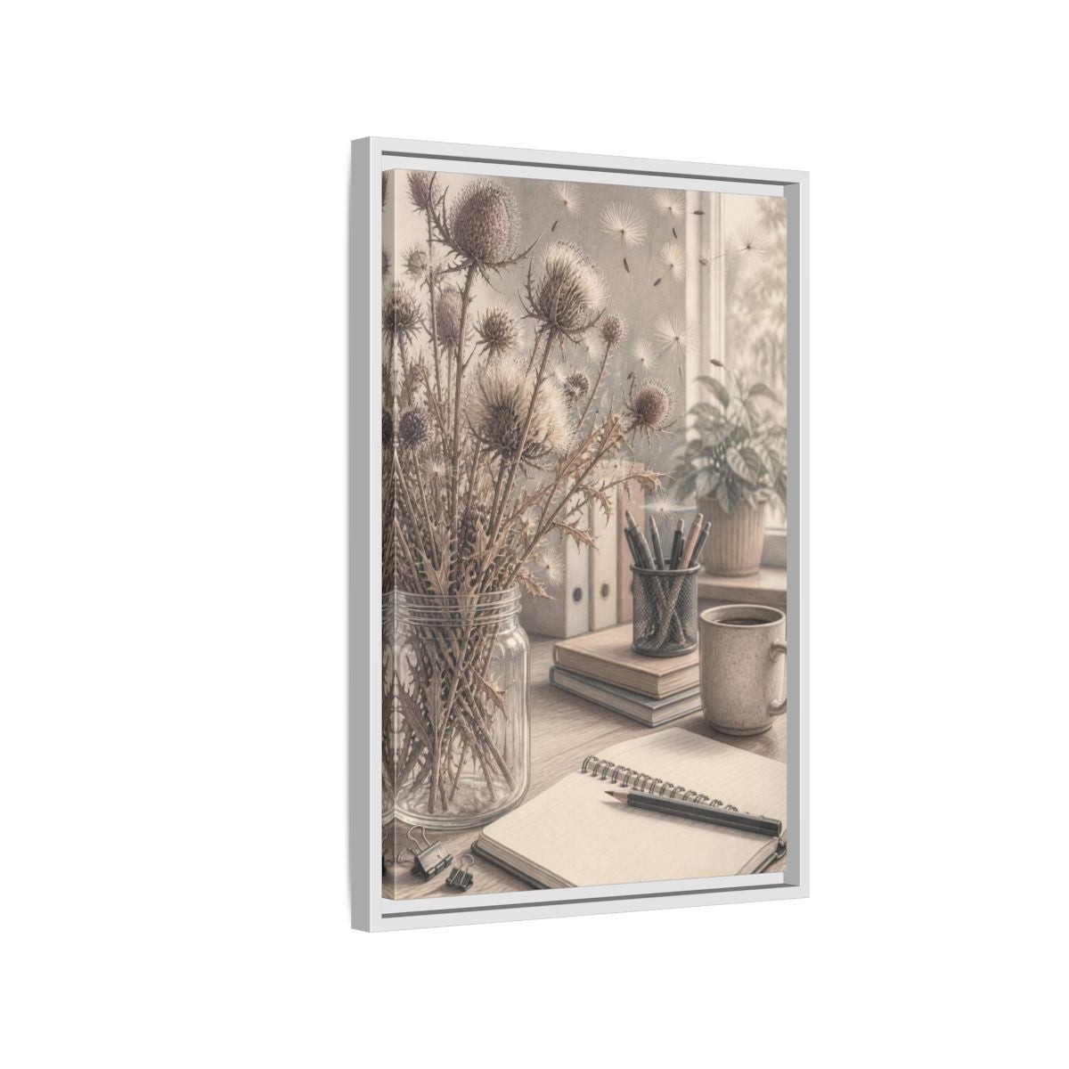 Side Mockup 1. Office Thistle Bouquet shown as framed canvas print
