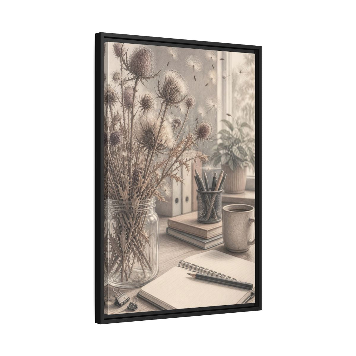 Side Mockup 14. Office Thistle Bouquet shown as framed canvas print