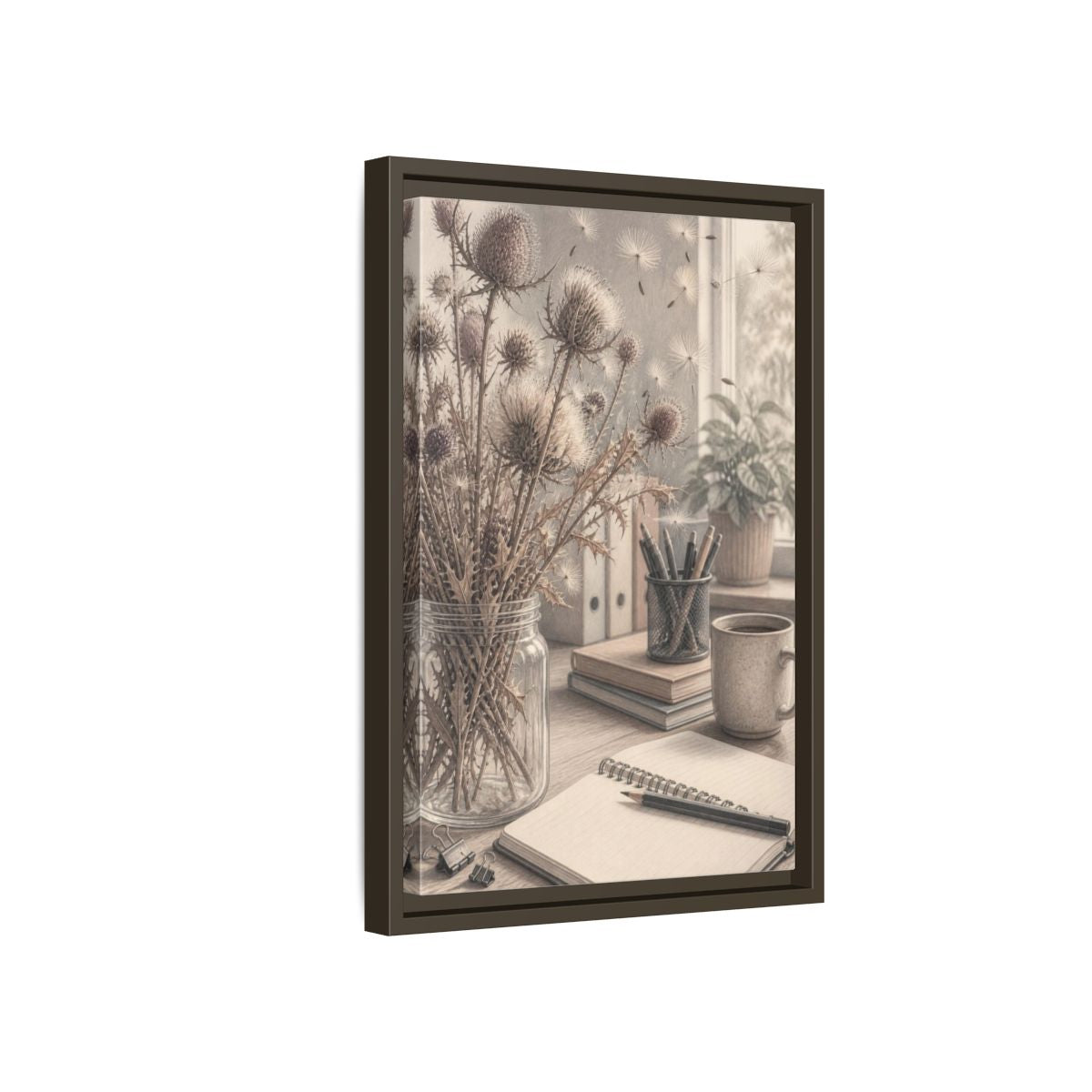 Side Mockup 5. Office Thistle Bouquet shown as framed canvas print