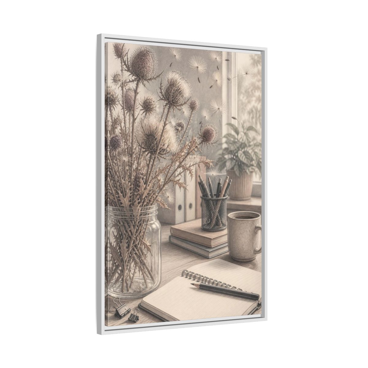 Side Mockup 9. Office Thistle Bouquet shown as framed canvas print