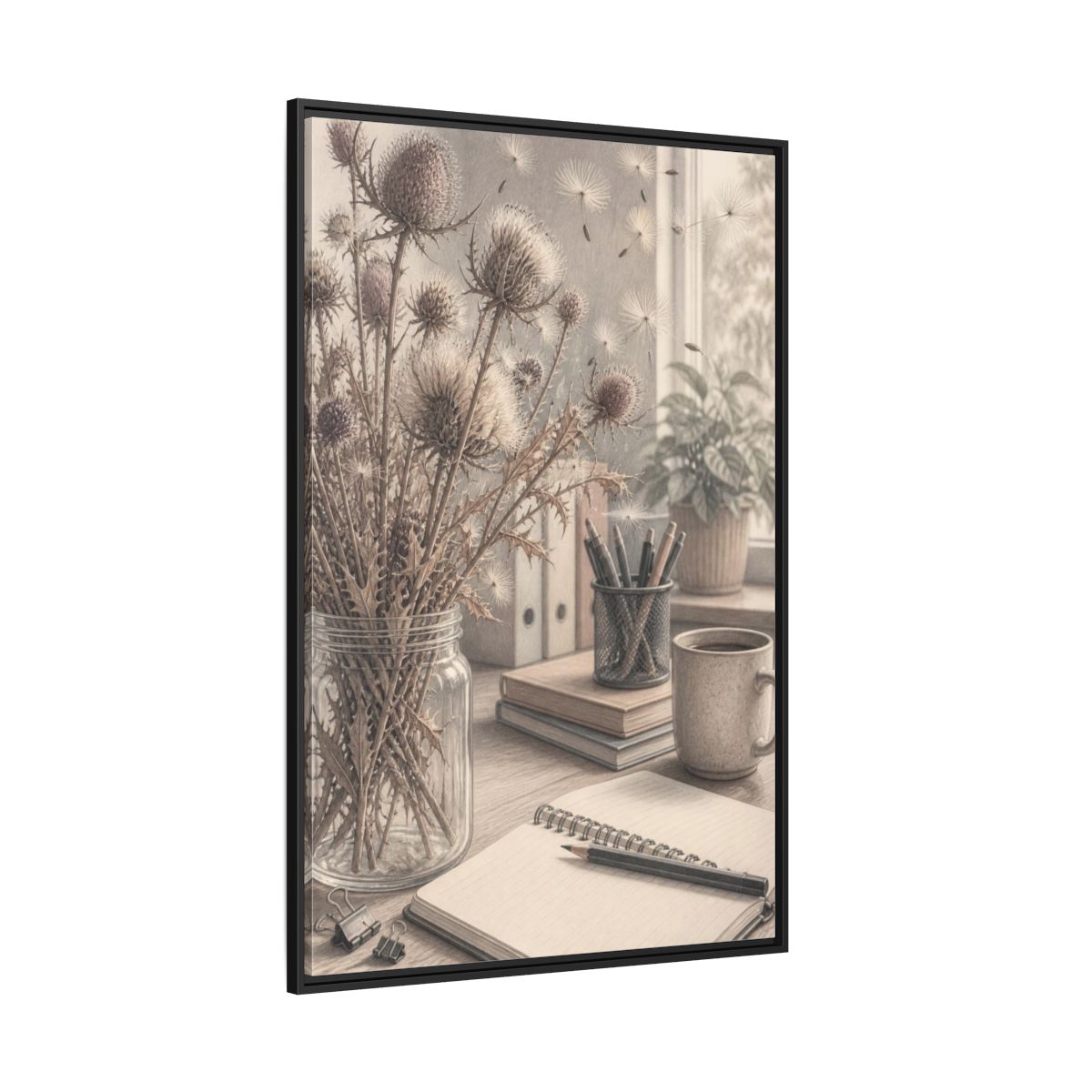 Side Mockup 12. Office Thistle Bouquet shown as framed canvas print