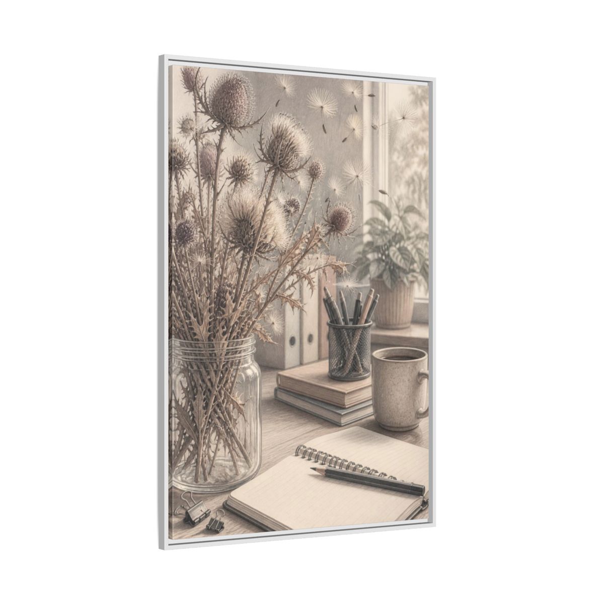 Side Mockup 7. Office Thistle Bouquet shown as framed canvas print