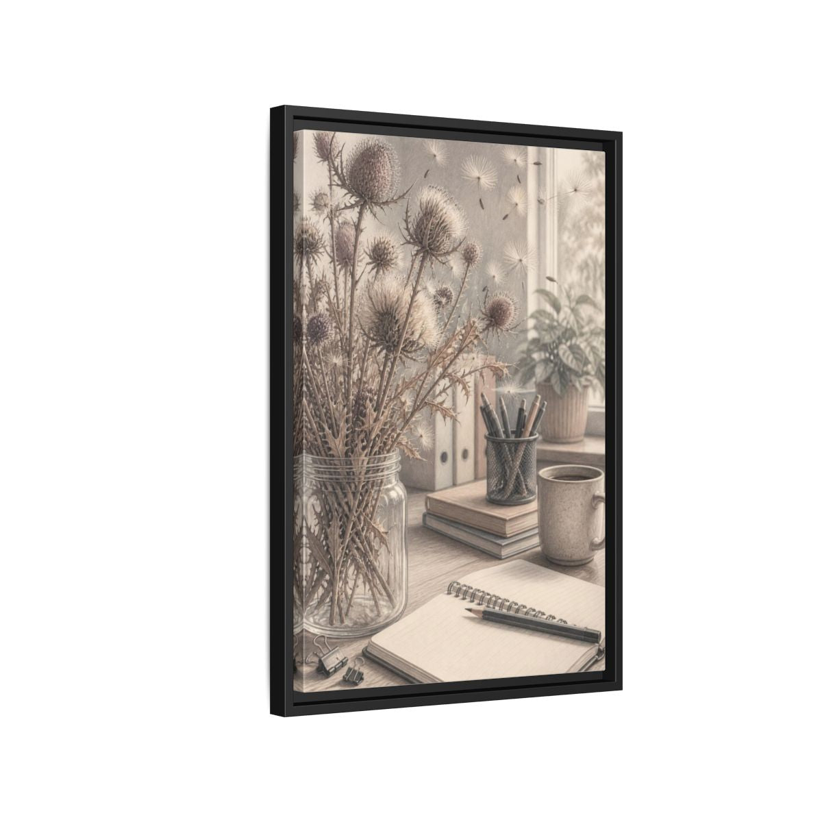 Side Mockup 3. Office Thistle Bouquet shown as framed canvas print