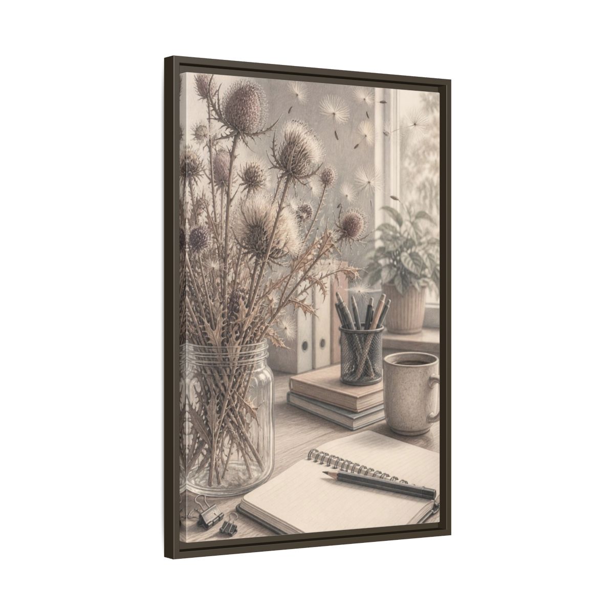 Side Mockup 11. Office Thistle Bouquet shown as framed canvas print