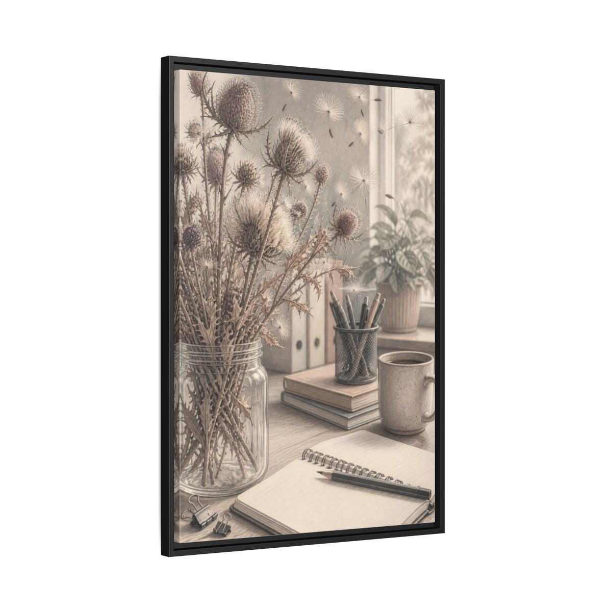 Side Mockup 13. Office Thistle Bouquet shown as framed canvas print