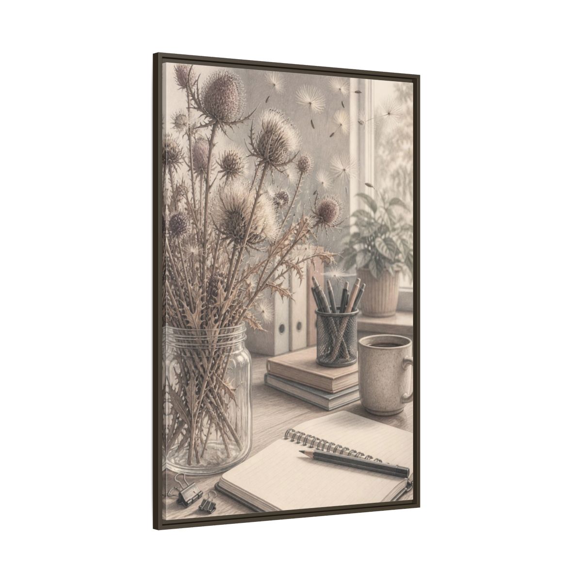 Side Mockup 8. Office Thistle Bouquet shown as framed canvas print