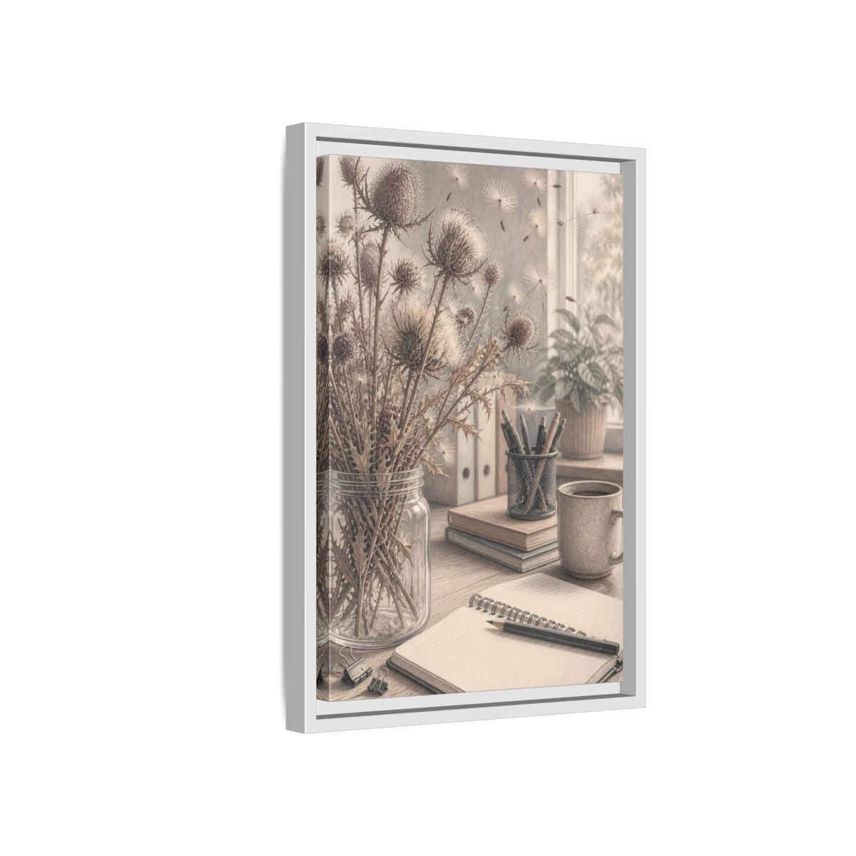 Side Mockup 4. Office Thistle Bouquet shown as framed canvas print