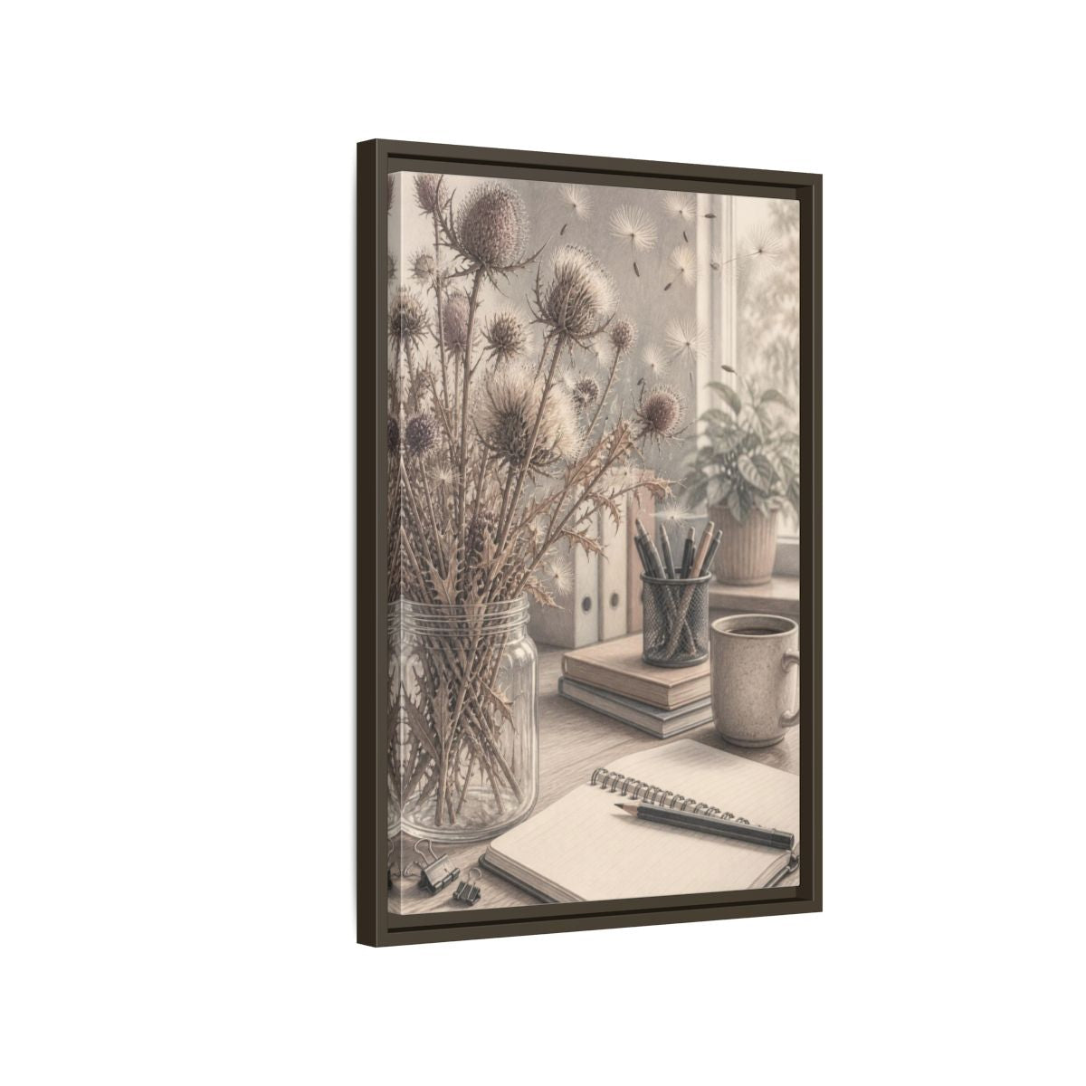Side Mockup 2. Office Thistle Bouquet shown as framed canvas print