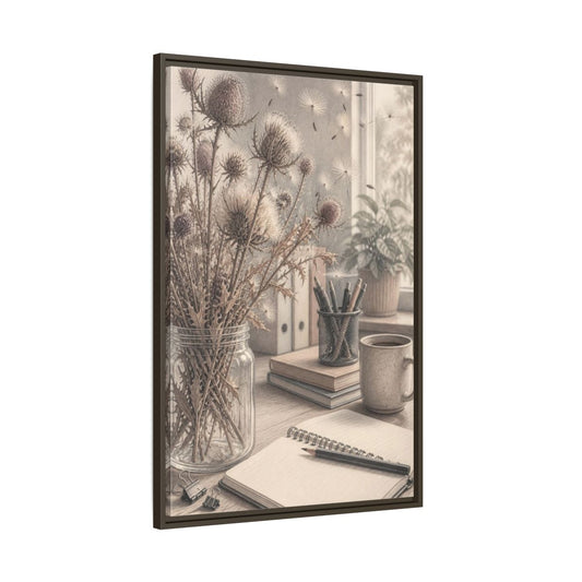 Main Mockup. Office Thistle Bouquet shown as framed canvas print