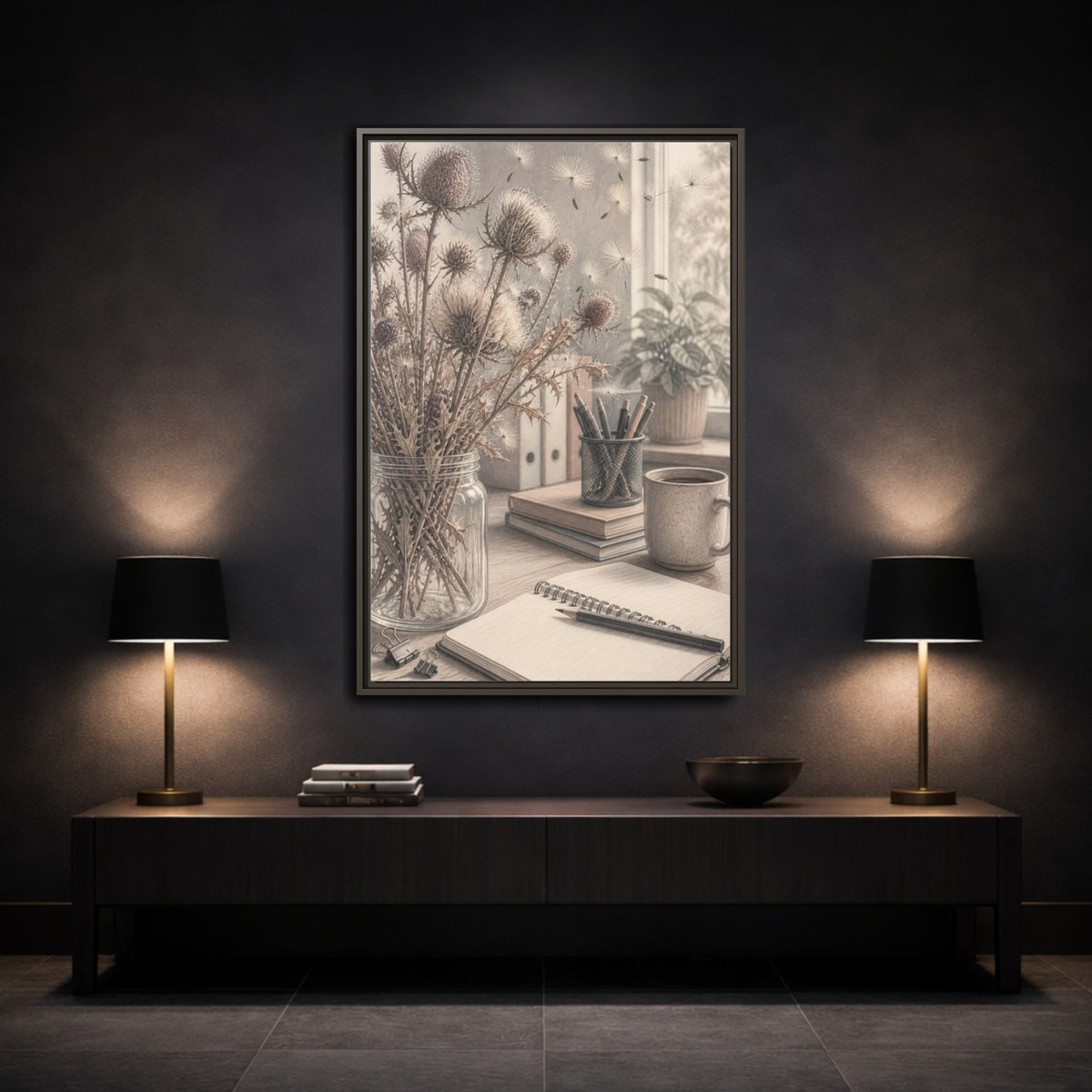 Mockup 3. Office Thistle Bouquet shown as framed canvas print
