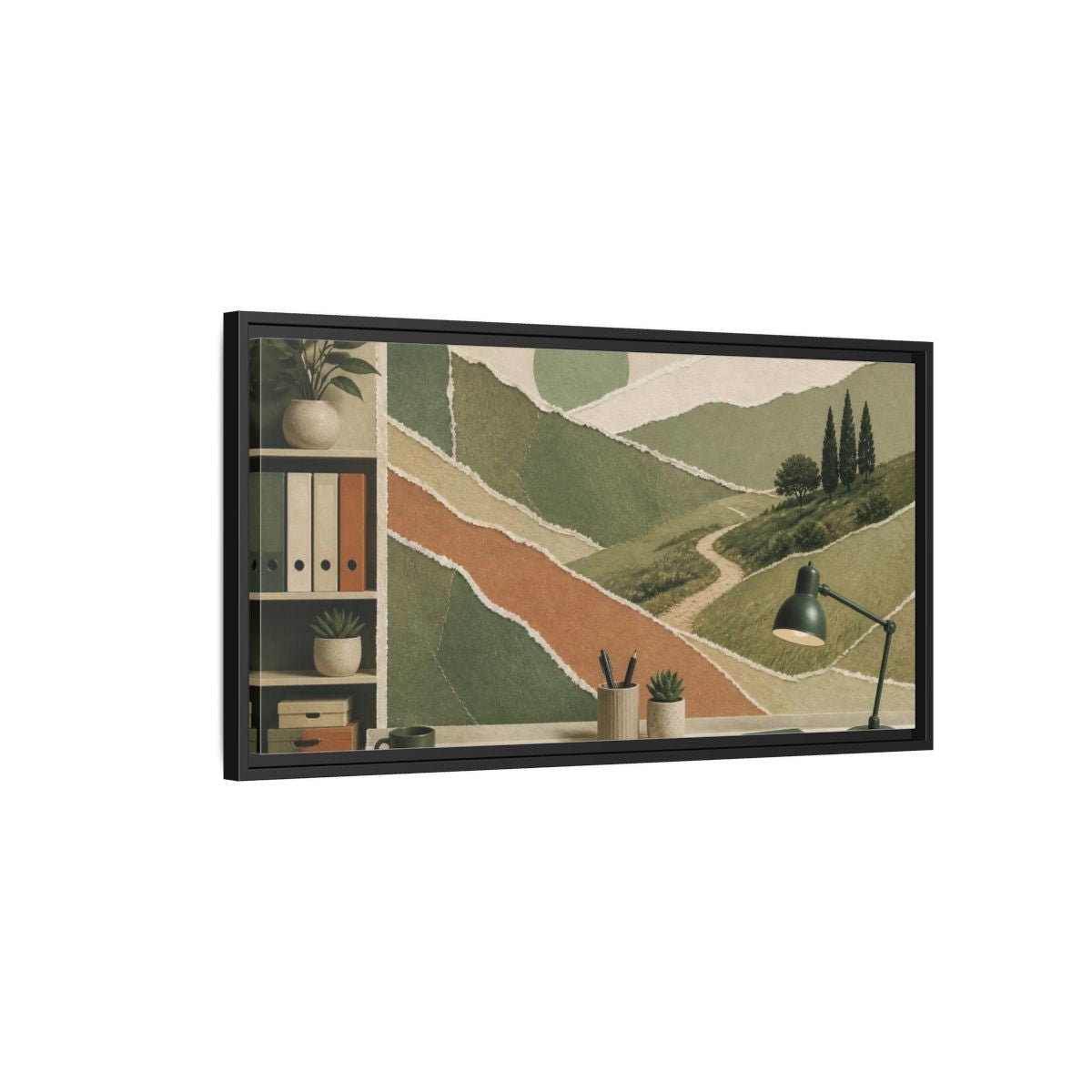 Side Mockup 2. Office Winding Path Collage shown as framed canvas print
