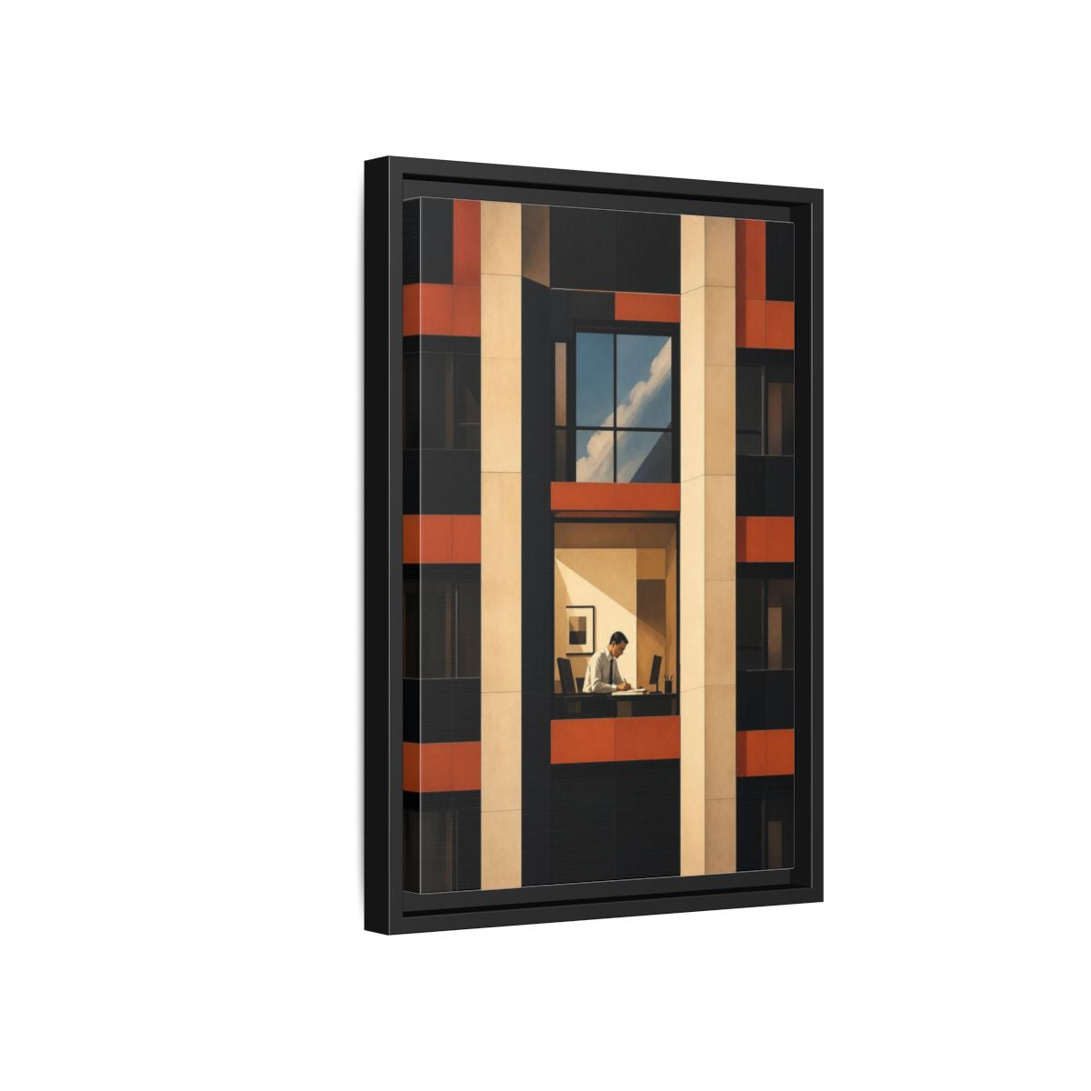 Side Mockup 6. Office Worker At Desk shown as framed canvas print